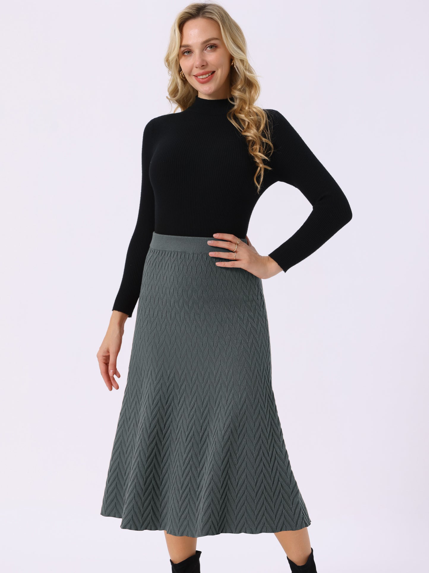 Women's Ribbed Knit A-Line Skirts Elastic High Waist Stretchy Sweater Midi Skirt