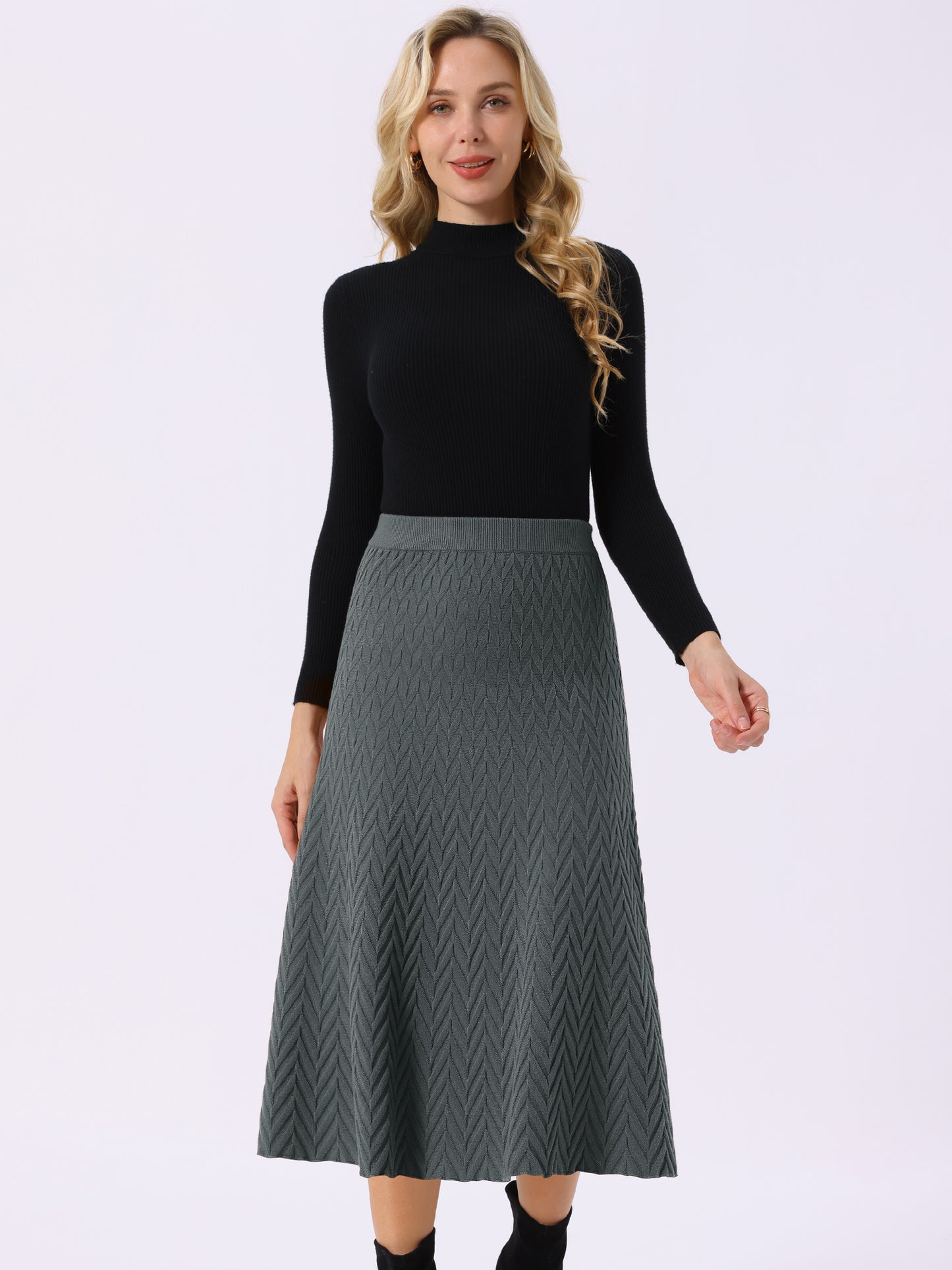 Women's Ribbed Knit A-Line Skirts Elastic High Waist Stretchy Sweater Midi Skirt