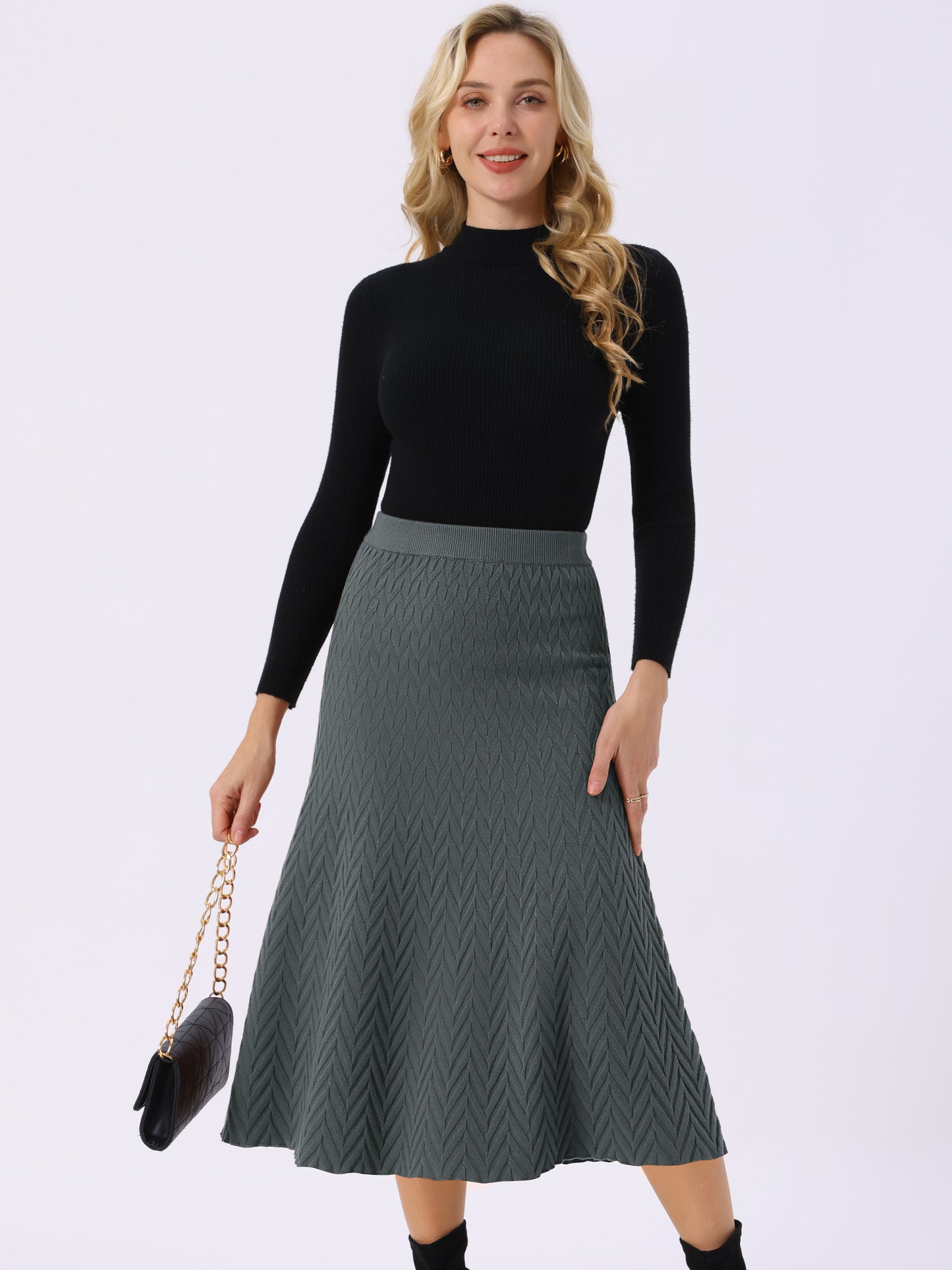 Women's Ribbed Knit A-Line Skirts Elastic High Waist Stretchy Sweater Midi Skirt