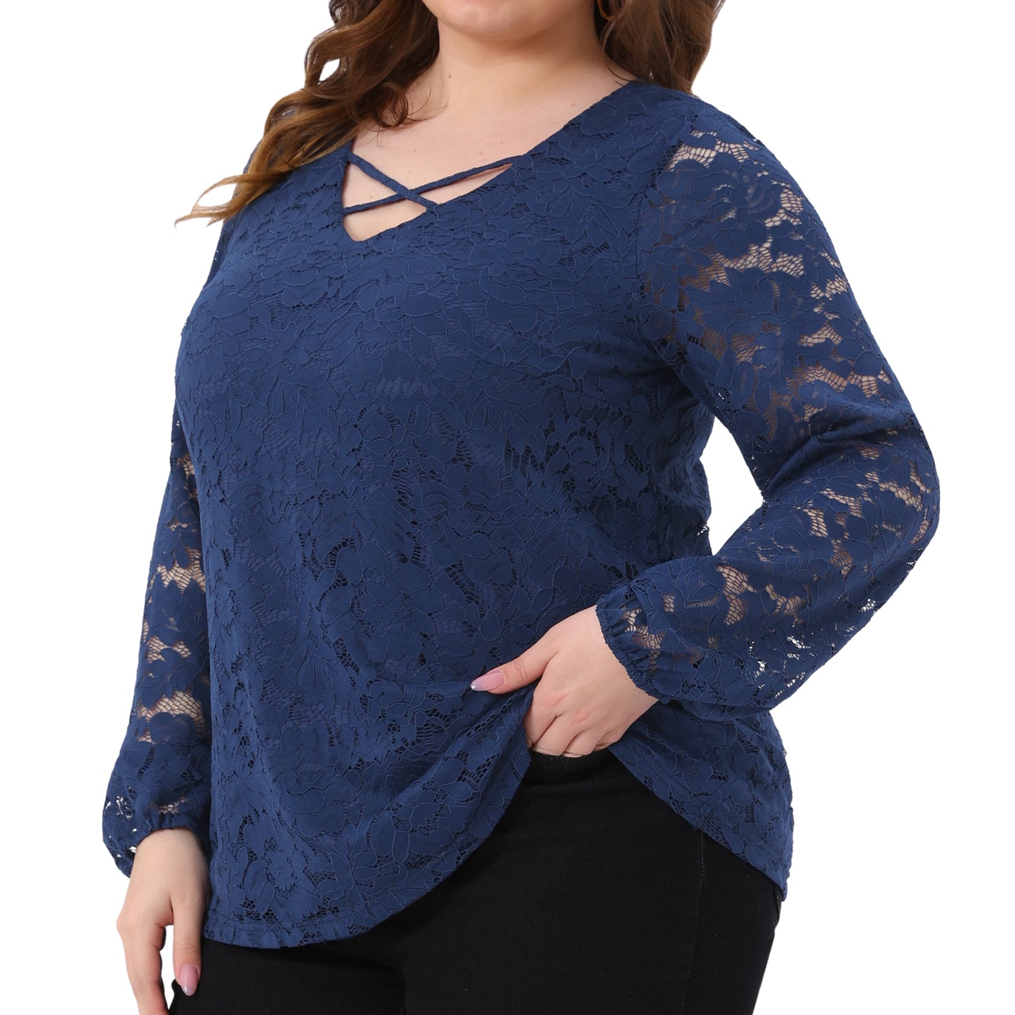 Women Plus Size Lace Blouse Sheer Long Sleeve Elastic Cuff Layer Cross V Neck Top