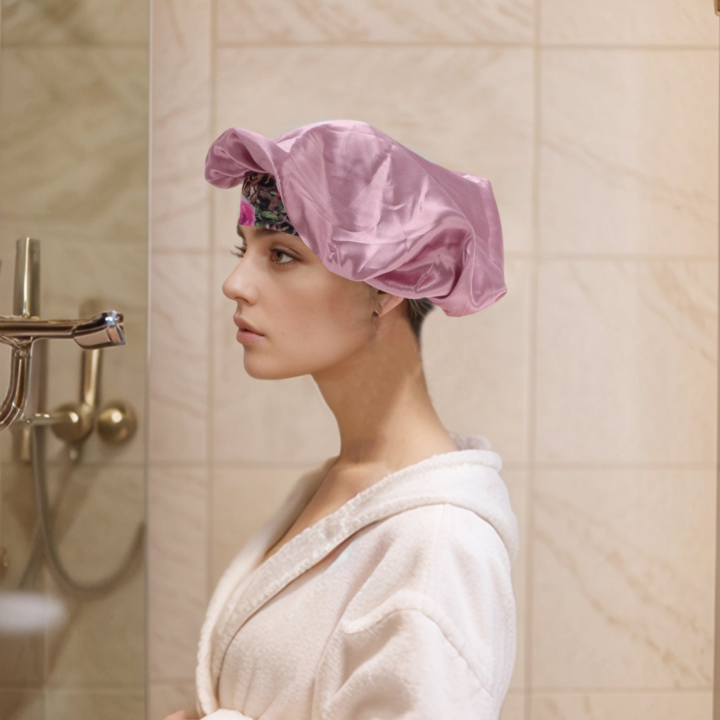 1 Pc Women Durable Shower Cap for Bathroom Hotel Rose Gold Tone