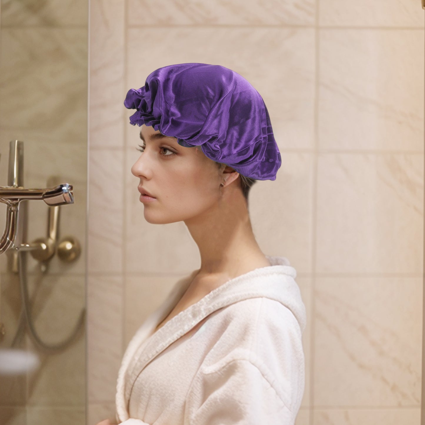 2 Pcs Women Durable Stretcht Shower Cap for Hotel Travel Purple