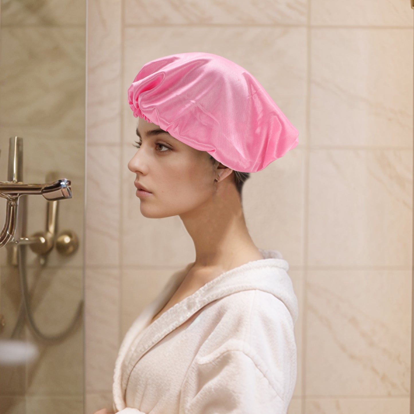 2 Pcs Women Durable Stretcht Shower Cap for Hotel Travel Pink
