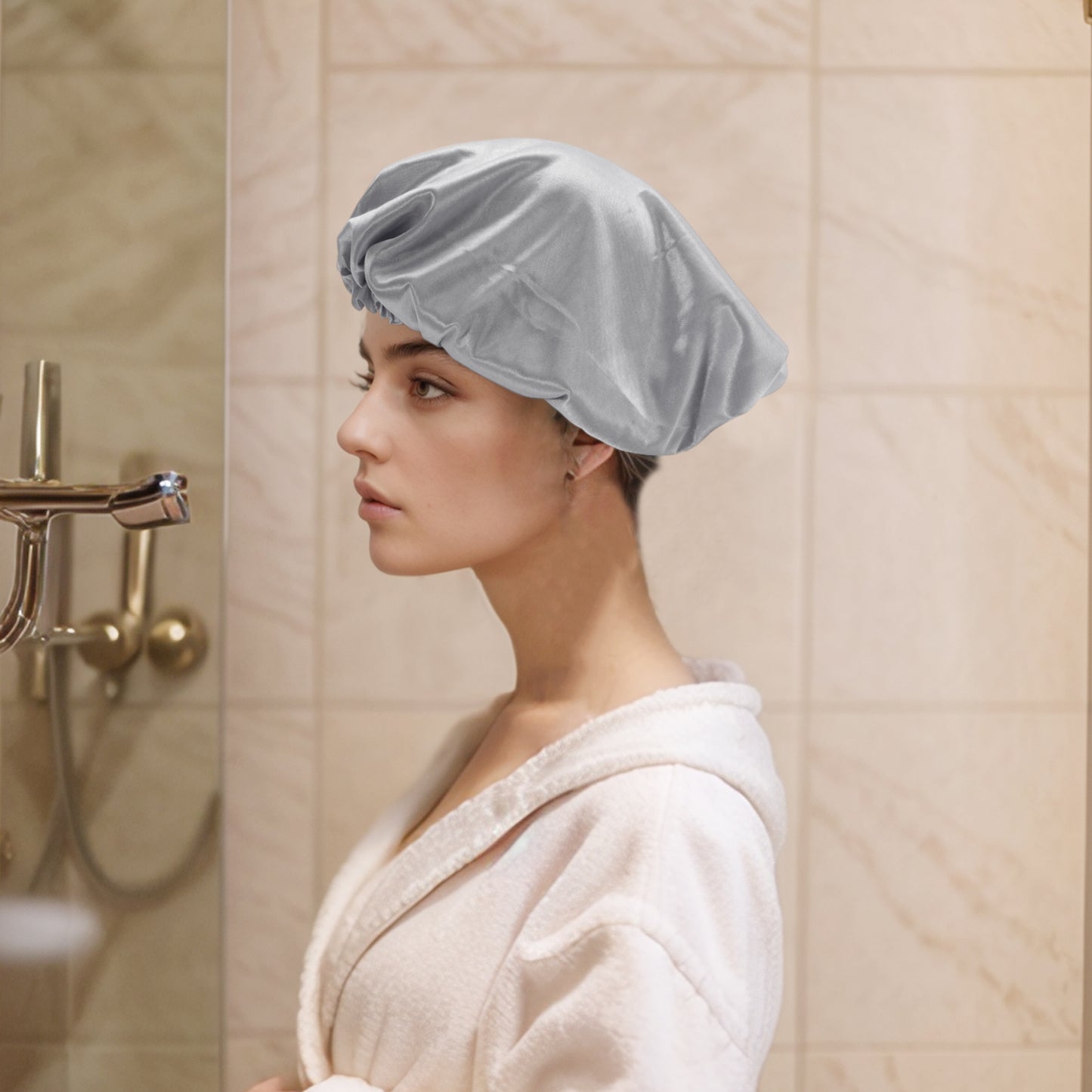 2 Pcs Women Durable Stretcht Shower Cap for Hotel Travel Grey