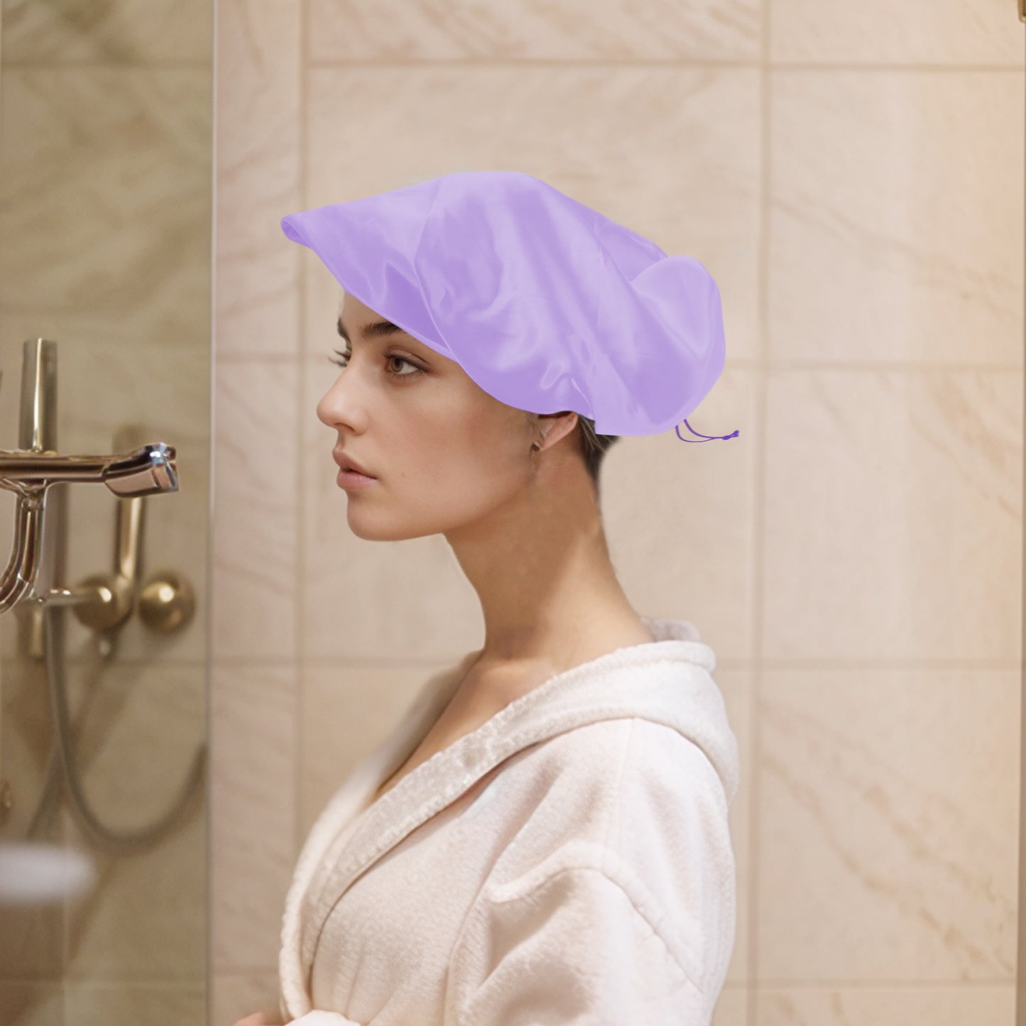 1 Pc Women Adjustable Double Layer Shower Cap for Business Travel Light Purple