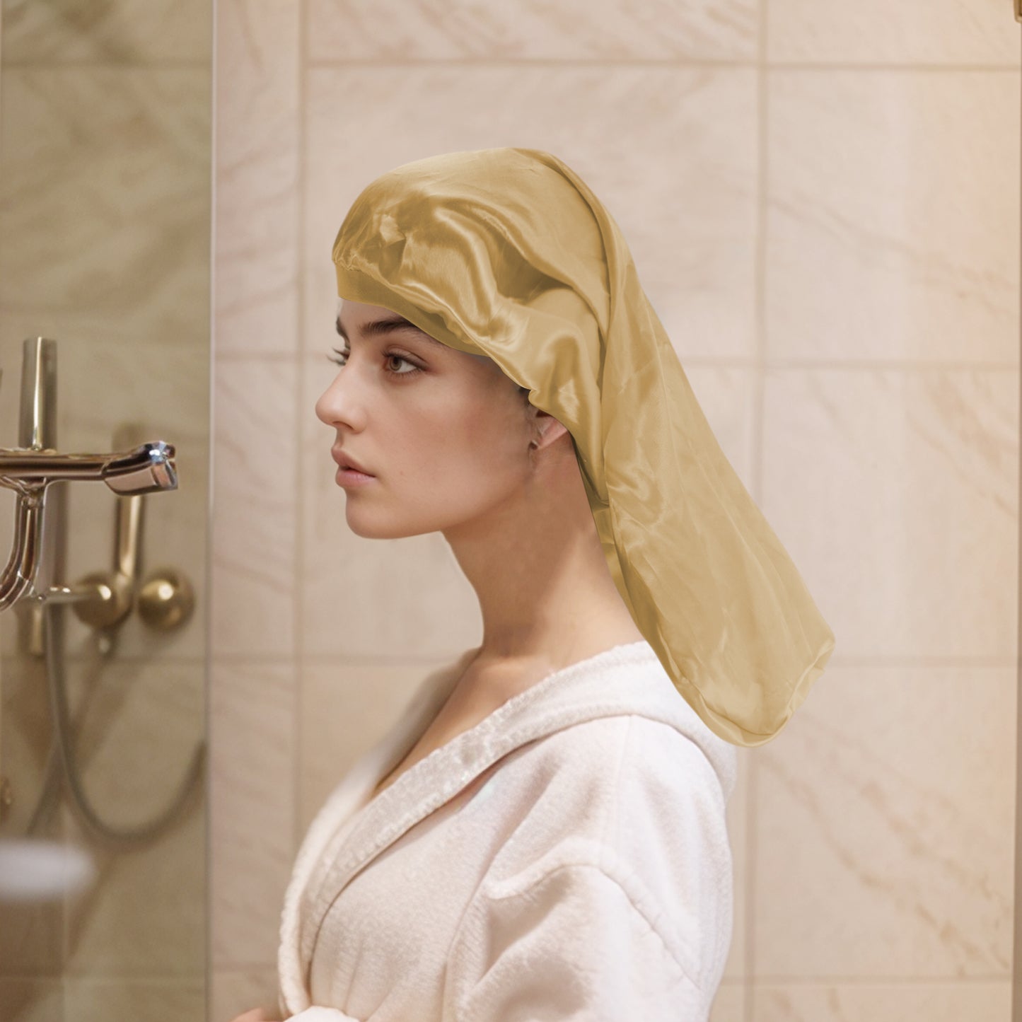 1 Pc Women Adjustable Double Layer Shower Cap for Business Travel Gold Tone
