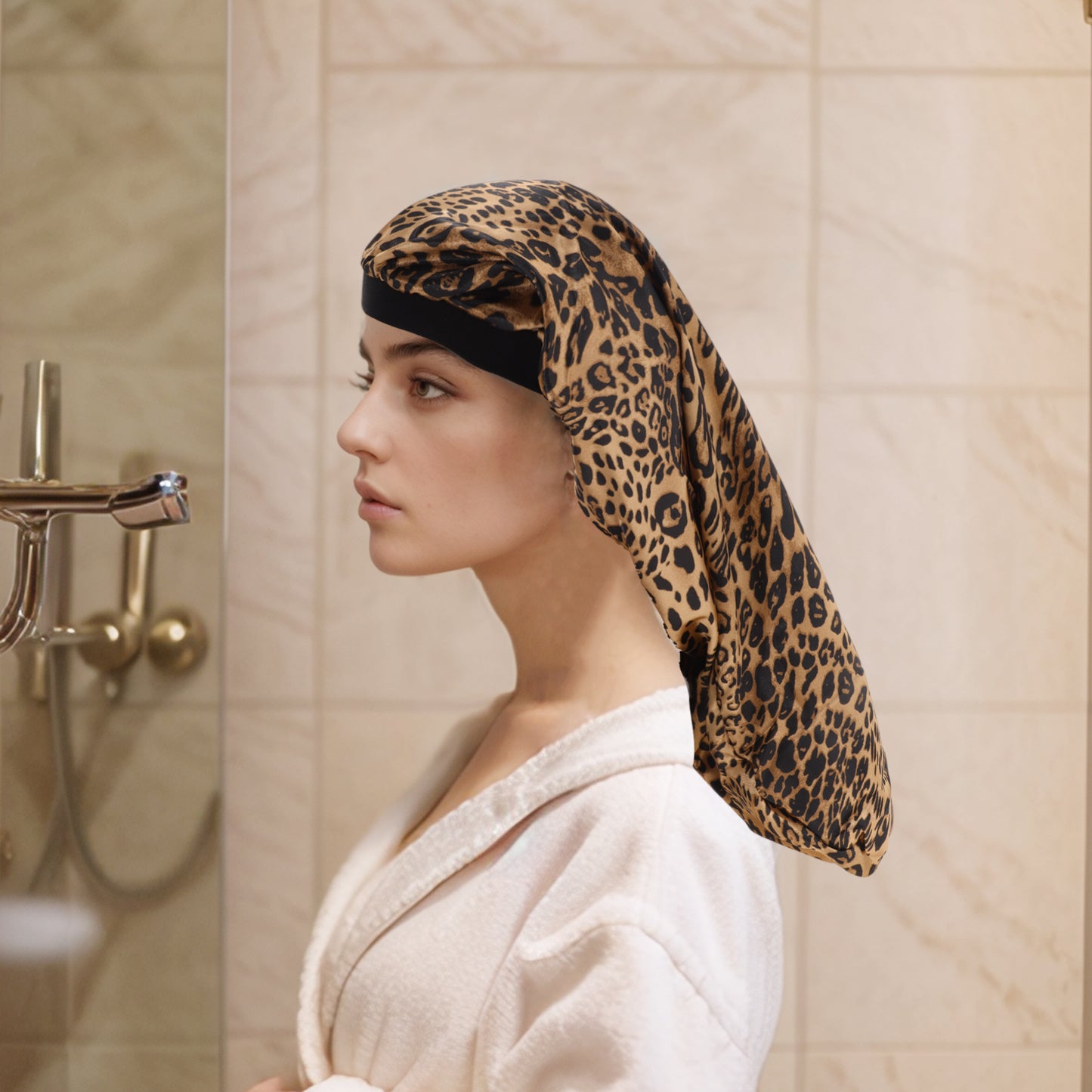 1 Pc Women Adjustable Double Layer Shower Cap for Business Travel Black Leopard
