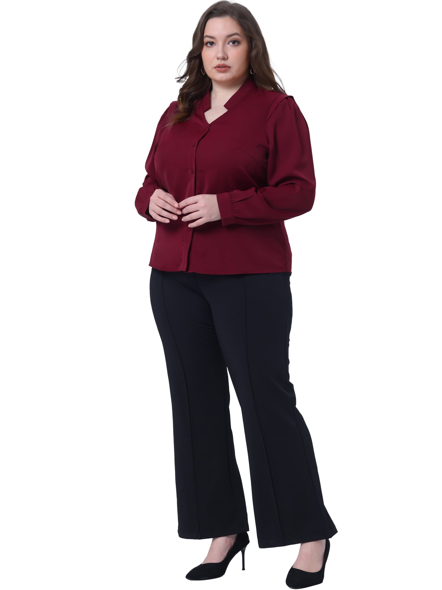Women Plus Size Dressy Casual Shirts Button Up Notch V Neck Long Sleeve Work Office Top