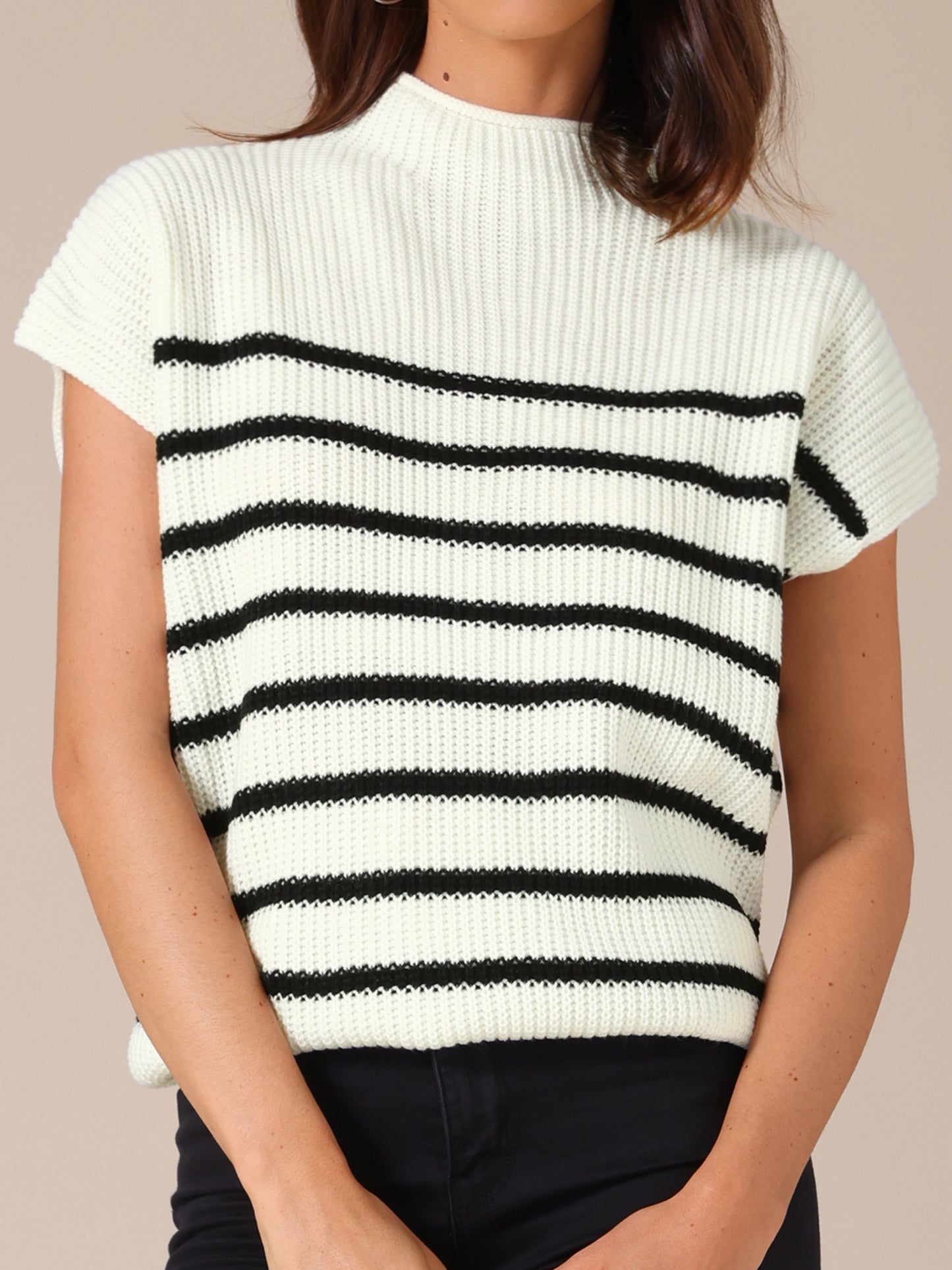 Women's Sleeveless Mock Neck Striped Sweater Vest Casual Cap Sleeve Knit Pullover Tank Top