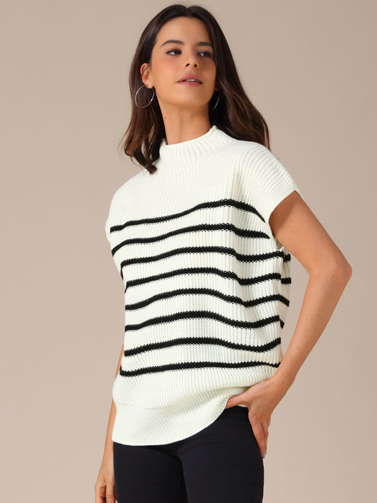 Women's Sleeveless Mock Neck Striped Sweater Vest Casual Cap Sleeve Knit Pullover Tank Top