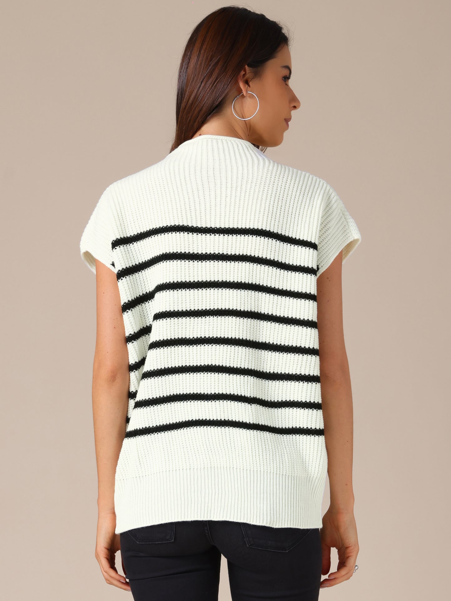 Women's Sleeveless Mock Neck Striped Sweater Vest Casual Cap Sleeve Knit Pullover Tank Top
