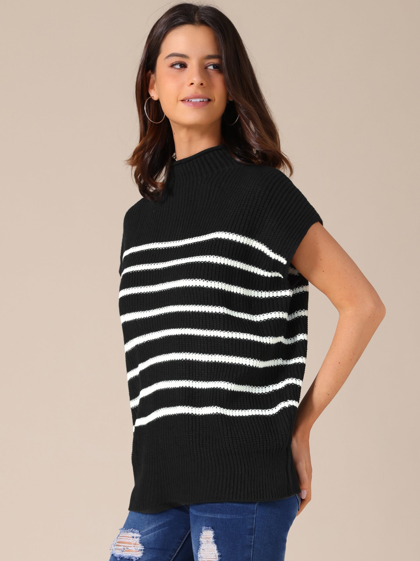 Women's Sleeveless Mock Neck Striped Sweater Vest Casual Cap Sleeve Knit Pullover Tank Top