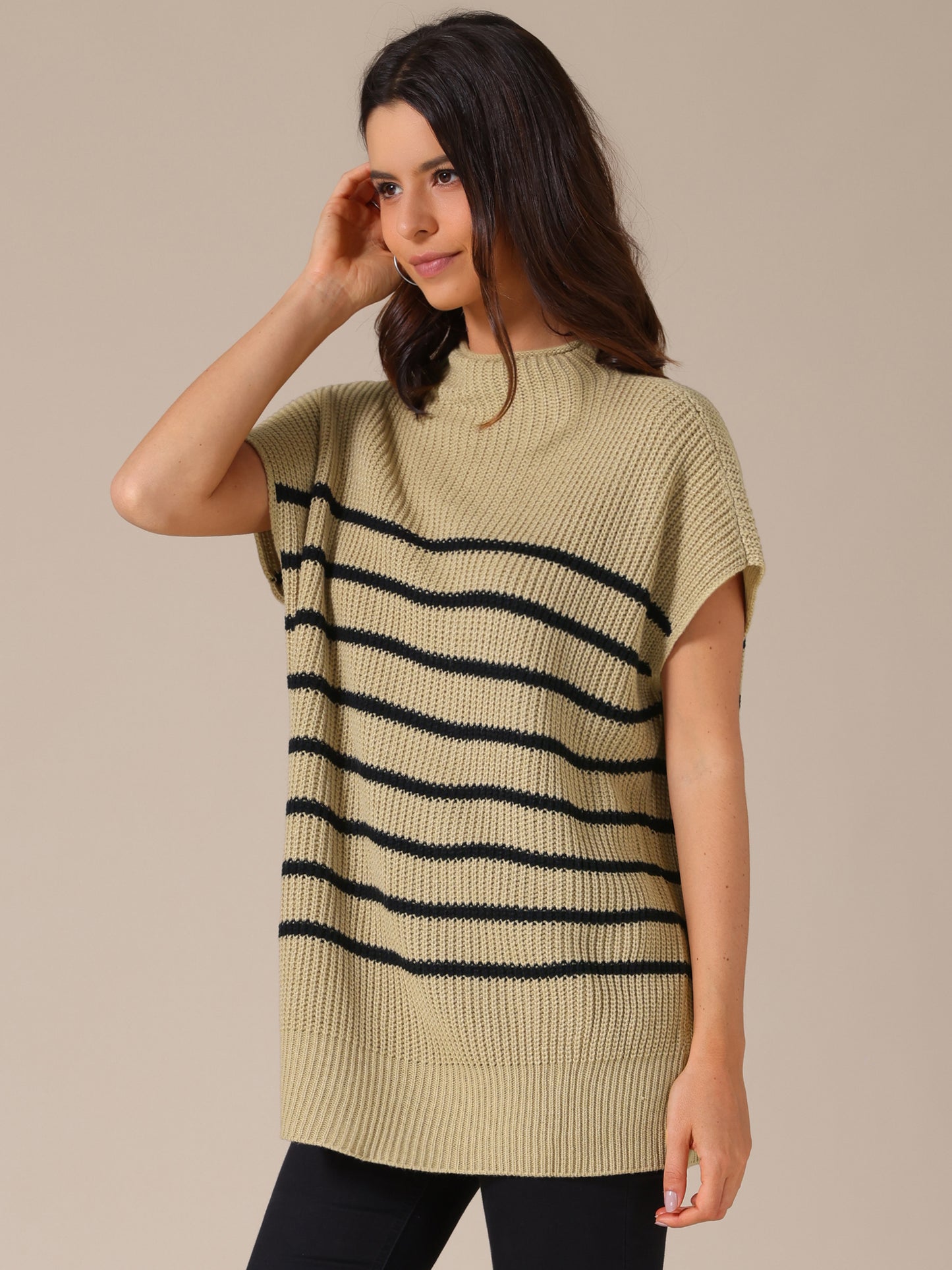 Women's Sleeveless Mock Neck Striped Sweater Vest Casual Cap Sleeve Knit Pullover Tank Top
