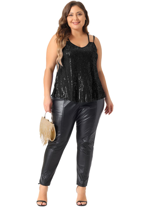 Women Plus Size Sequin Tops Metallic Sparkle Sleeveless Spaghetti Strap Cami Party Tank Top