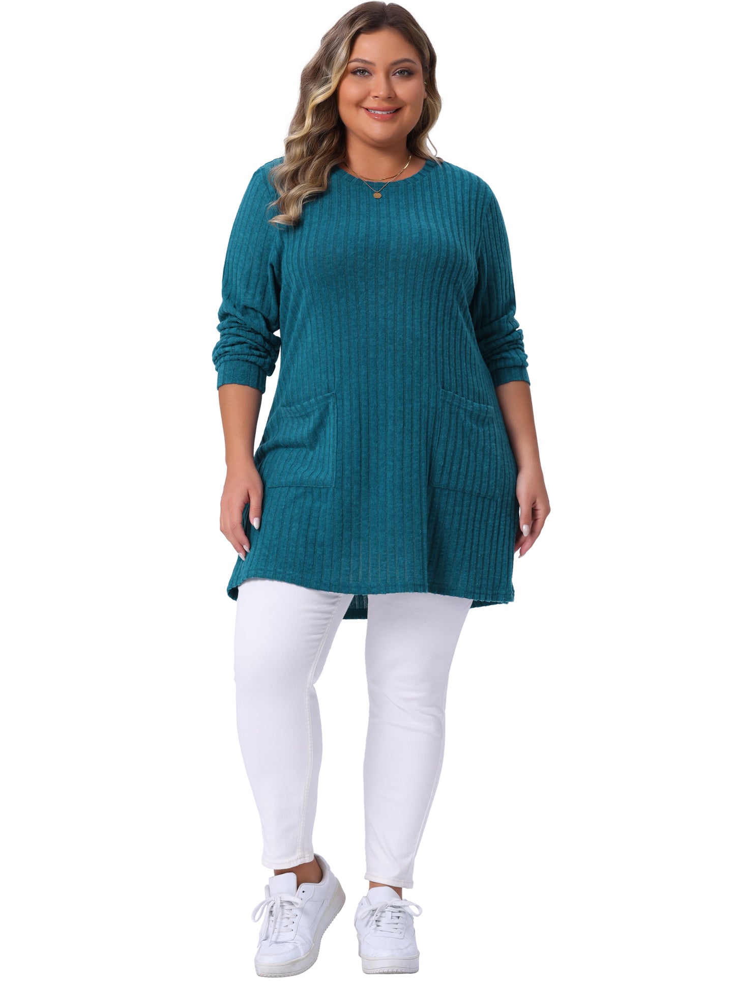 Women Plus Size Sweaters Round Neck Long Sleeve Ribbed Knit Loose Pocket Pullover Top