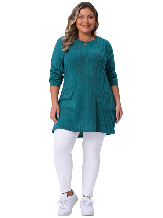Women Plus Size Sweaters Round Neck Long Sleeve Ribbed Knit Loose Pocket Pullover Top