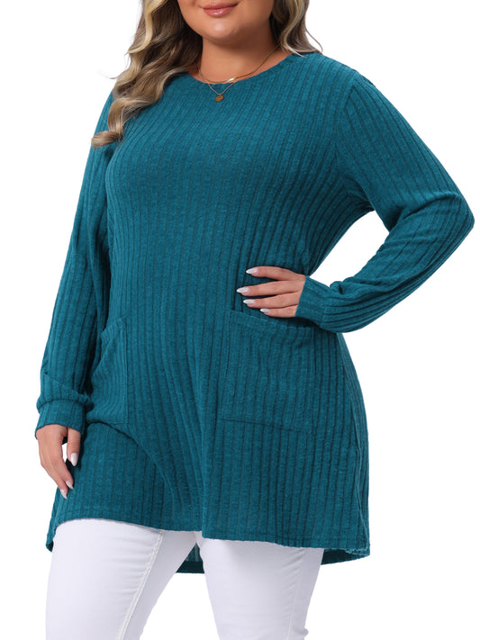 Women Plus Size Sweaters Round Neck Long Sleeve Ribbed Knit Loose Pocket Pullover Top