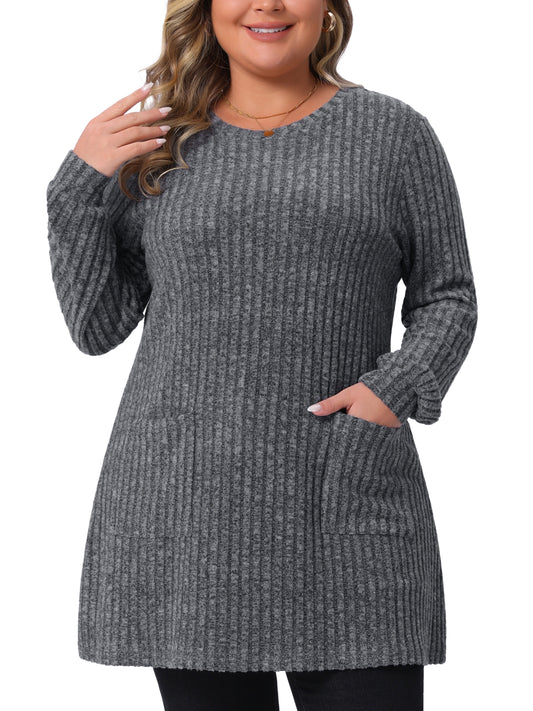 Women Plus Size Sweaters Round Neck Long Sleeve Ribbed Knit Loose Pocket Pullover Top