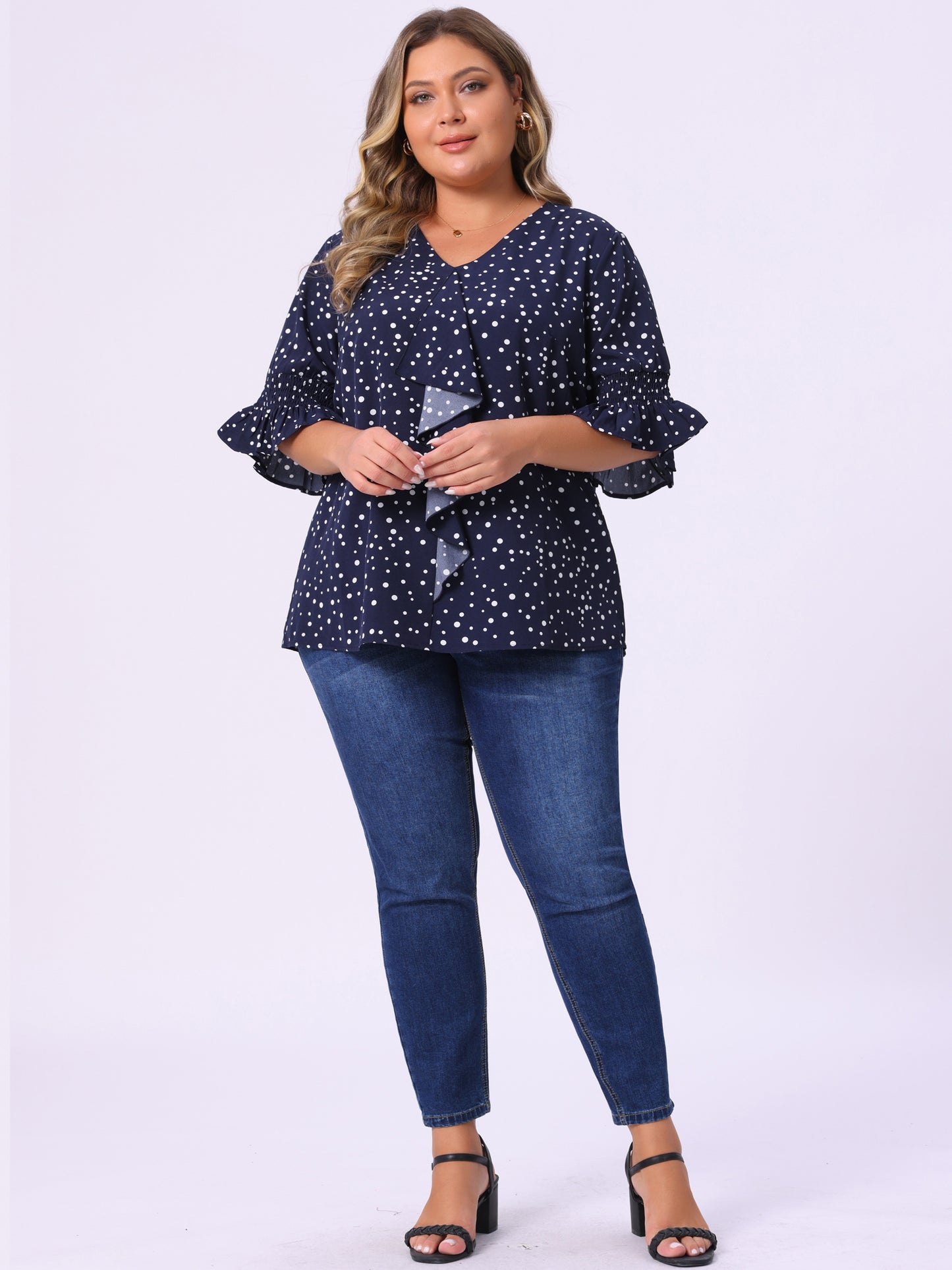 Women's Plus Size Ruffle Blouse V Neck Smocked Sleeves Top