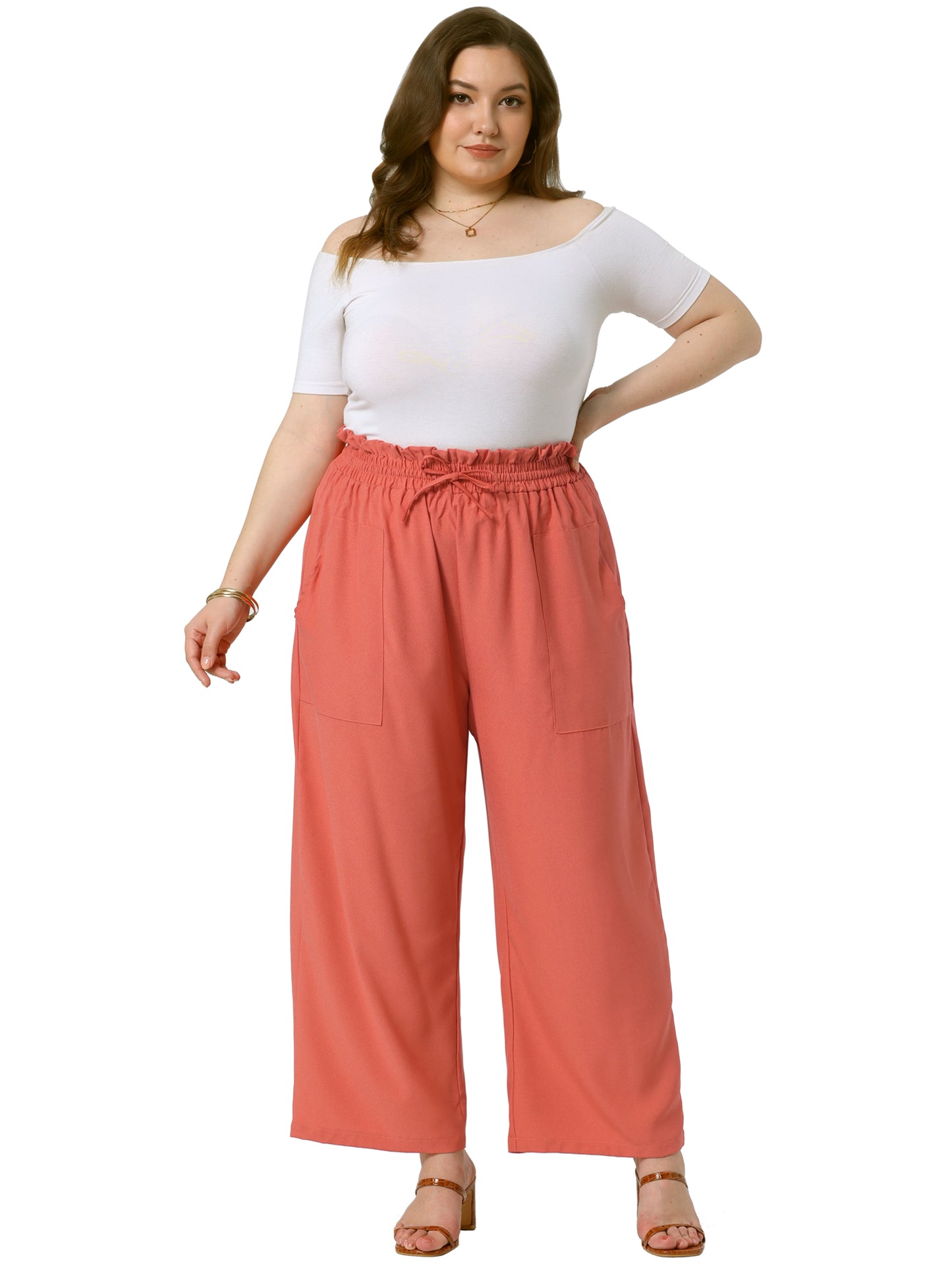 Women's Plus Size Baggy Wide Leg Elastic High Waist Palazzo Pants with Pockets Drawstring Summer Casual Trousers