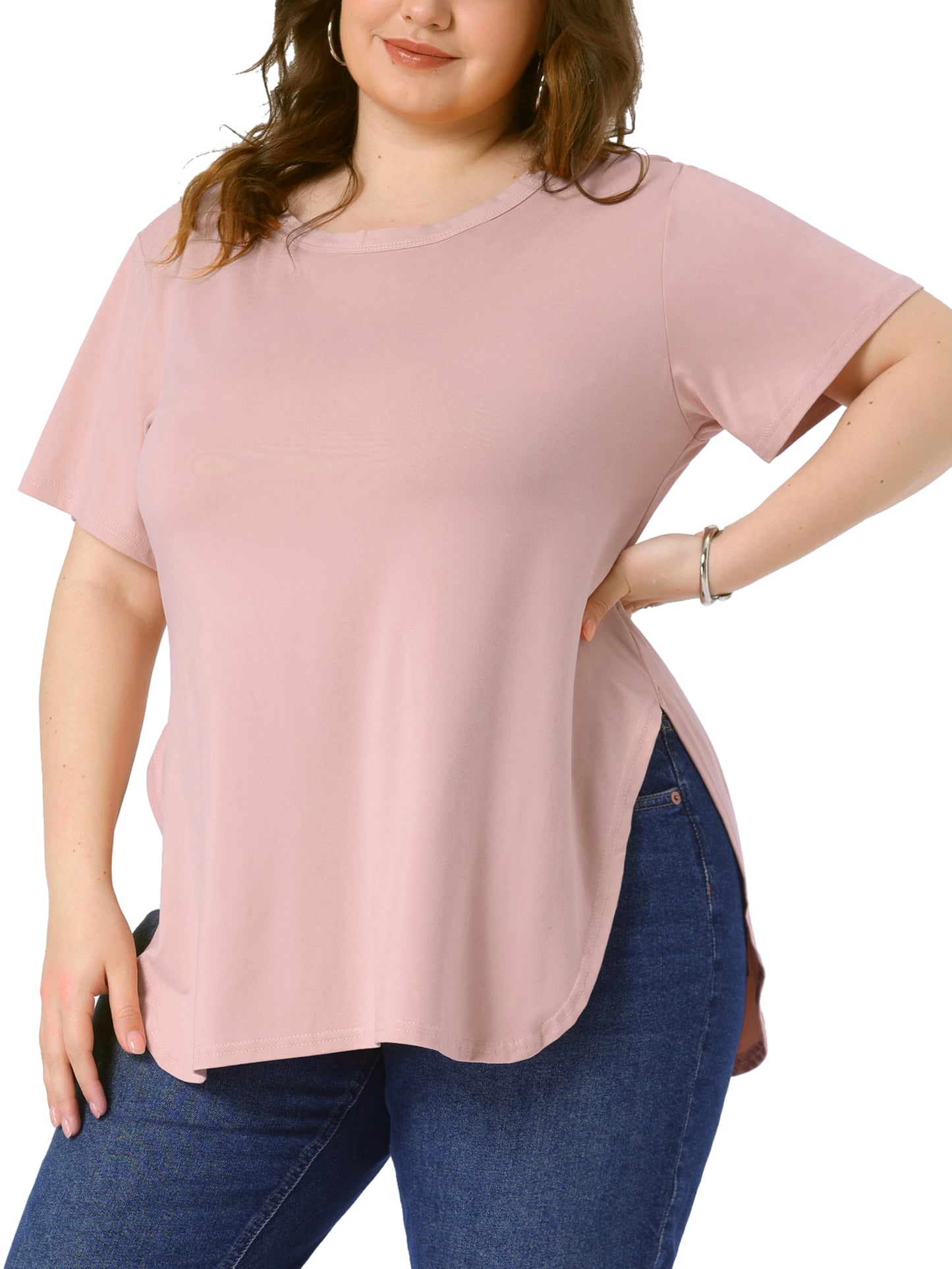 Women Plus Size Top Summer Short Sleeve Round Neck Side Split Hem T-Shirt