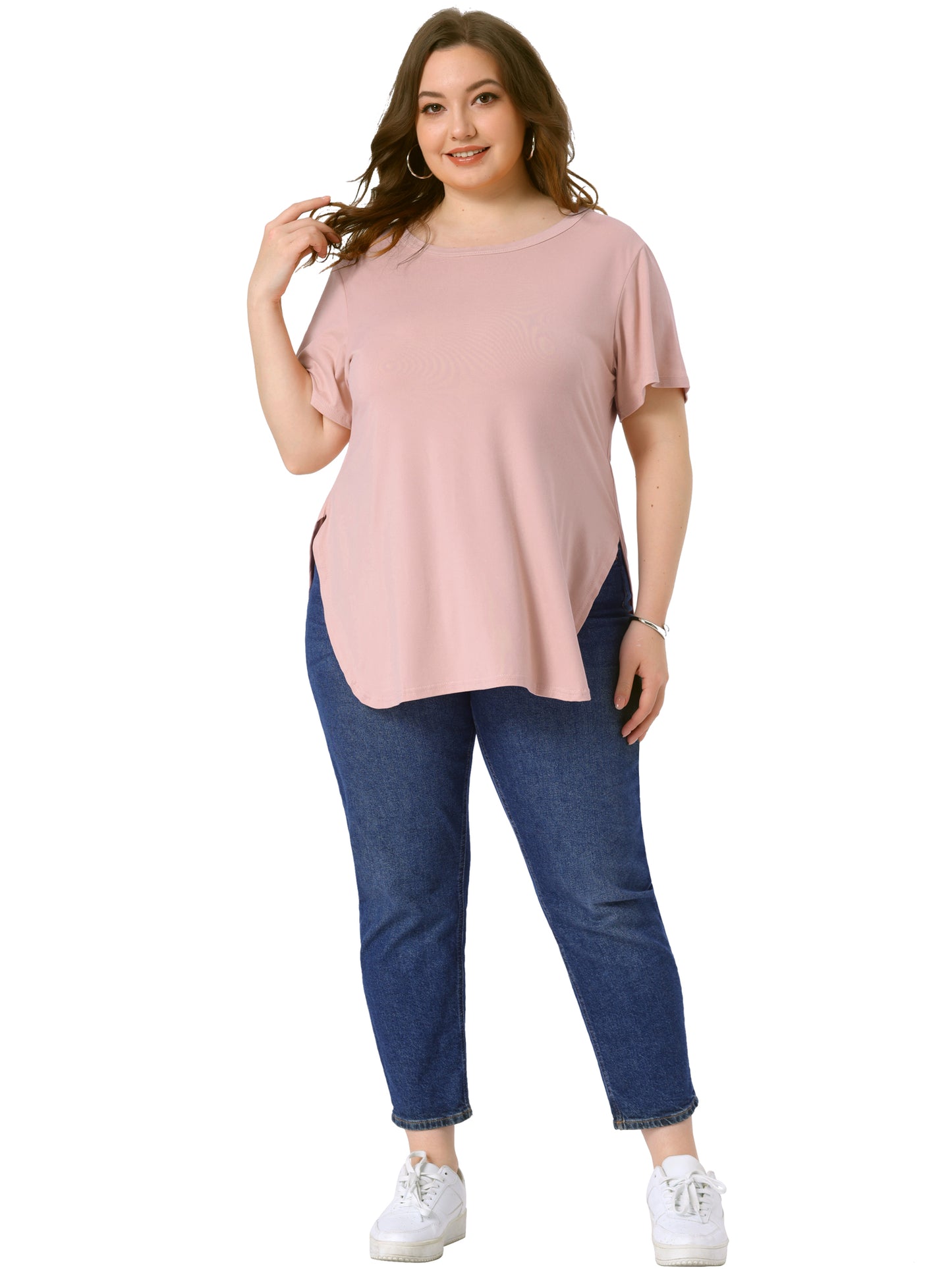 Women Plus Size Top Summer Short Sleeve Round Neck Side Split Hem T-Shirt