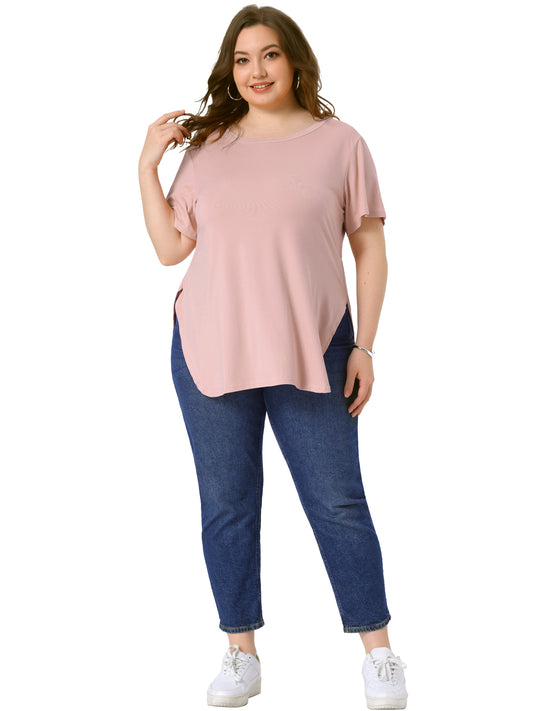 Women Plus Size Top Summer Short Sleeve Round Neck Side Split Hem T-Shirt