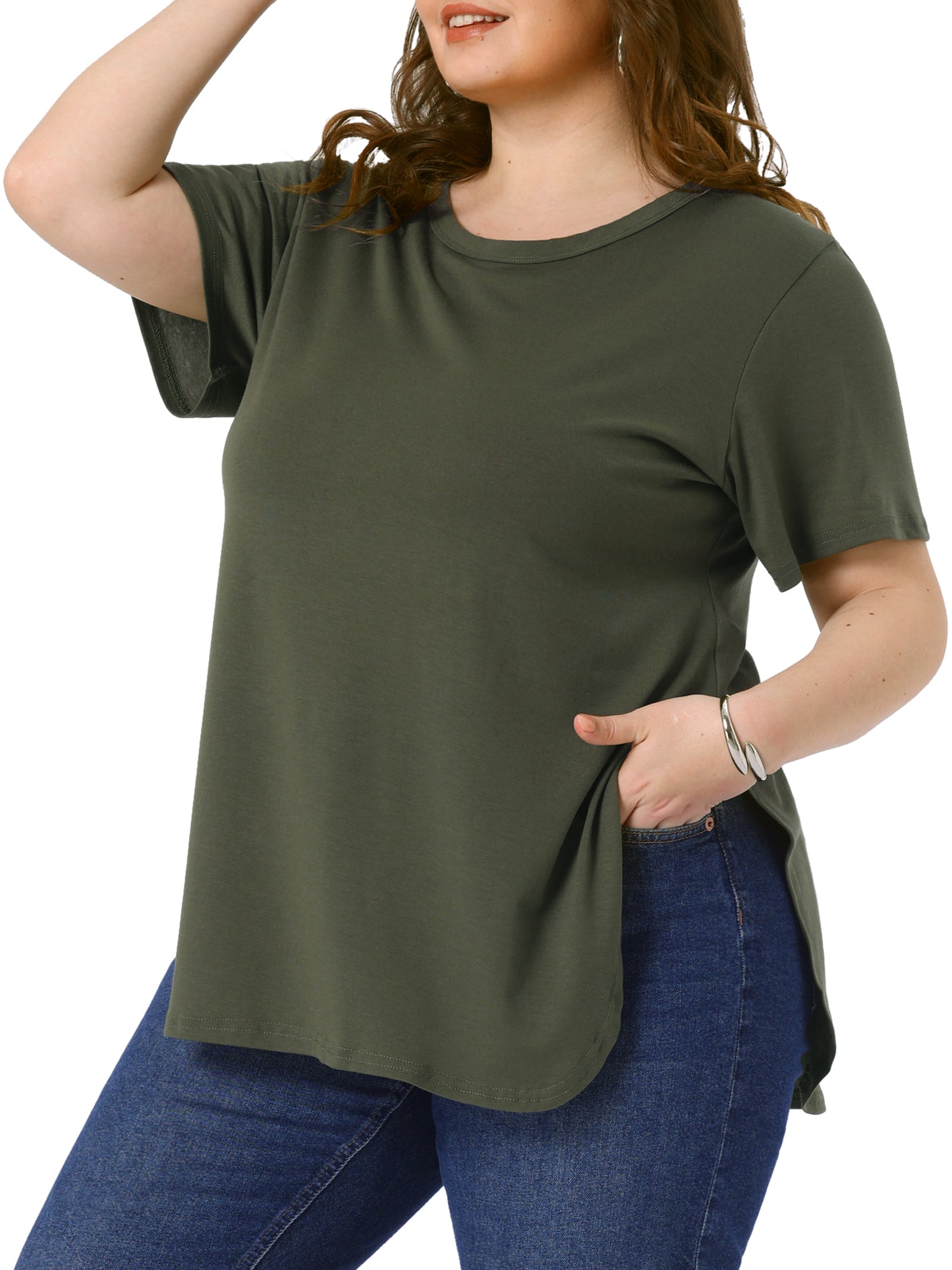 Women Plus Size Top Summer Short Sleeve Round Neck Side Split Hem T-Shirt