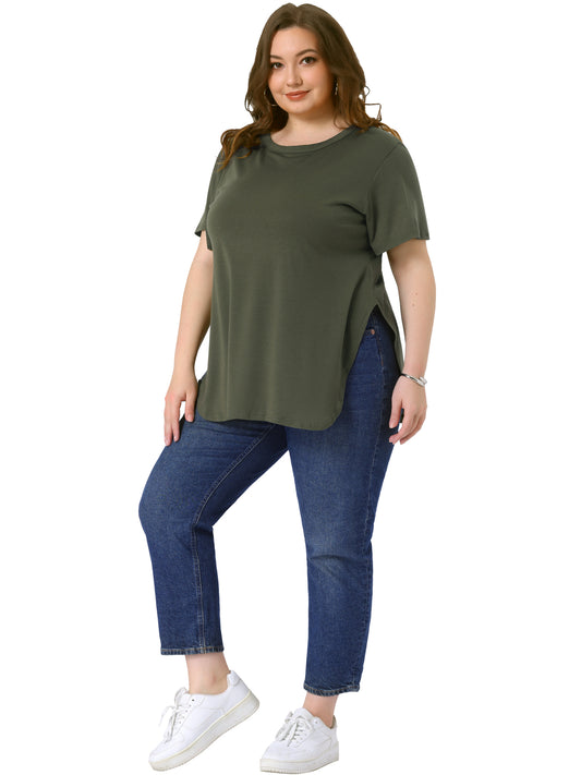 Women Plus Size Top Summer Short Sleeve Round Neck Side Split Hem T-Shirt