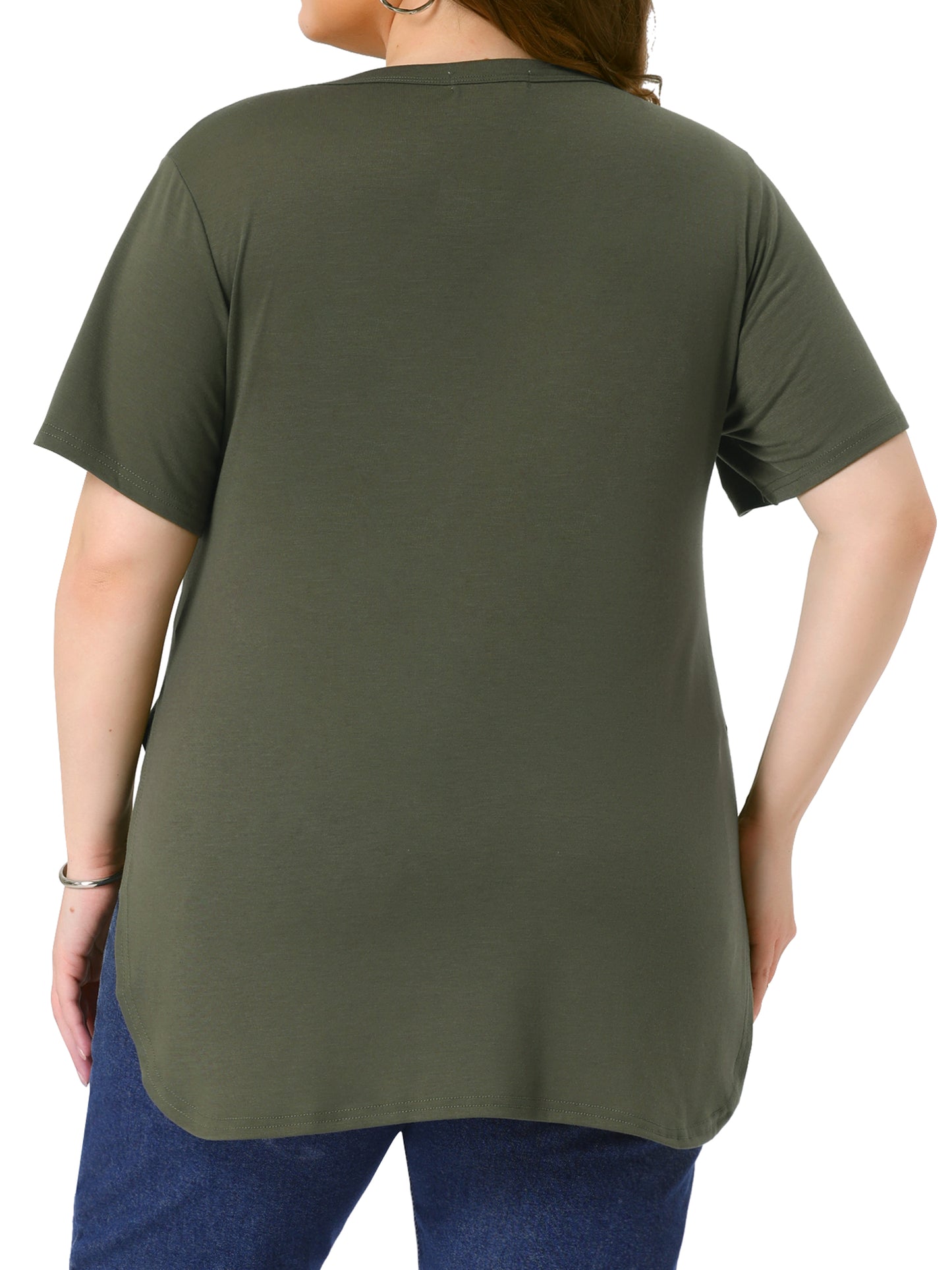 Women Plus Size Top Summer Short Sleeve Round Neck Side Split Hem T-Shirt