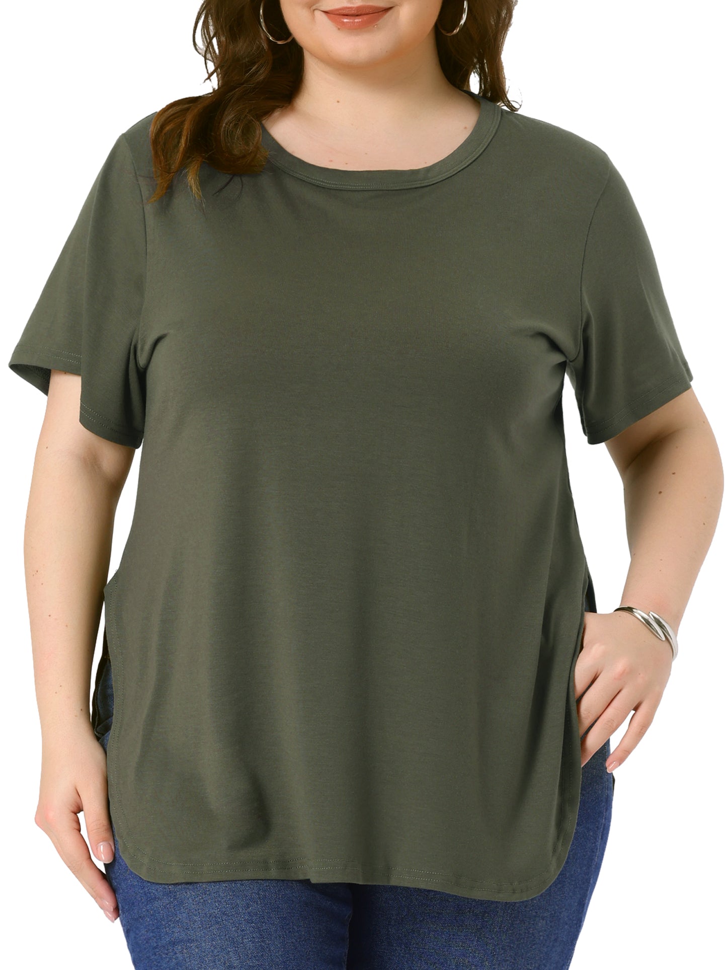 Women Plus Size Top Summer Short Sleeve Round Neck Side Split Hem T-Shirt