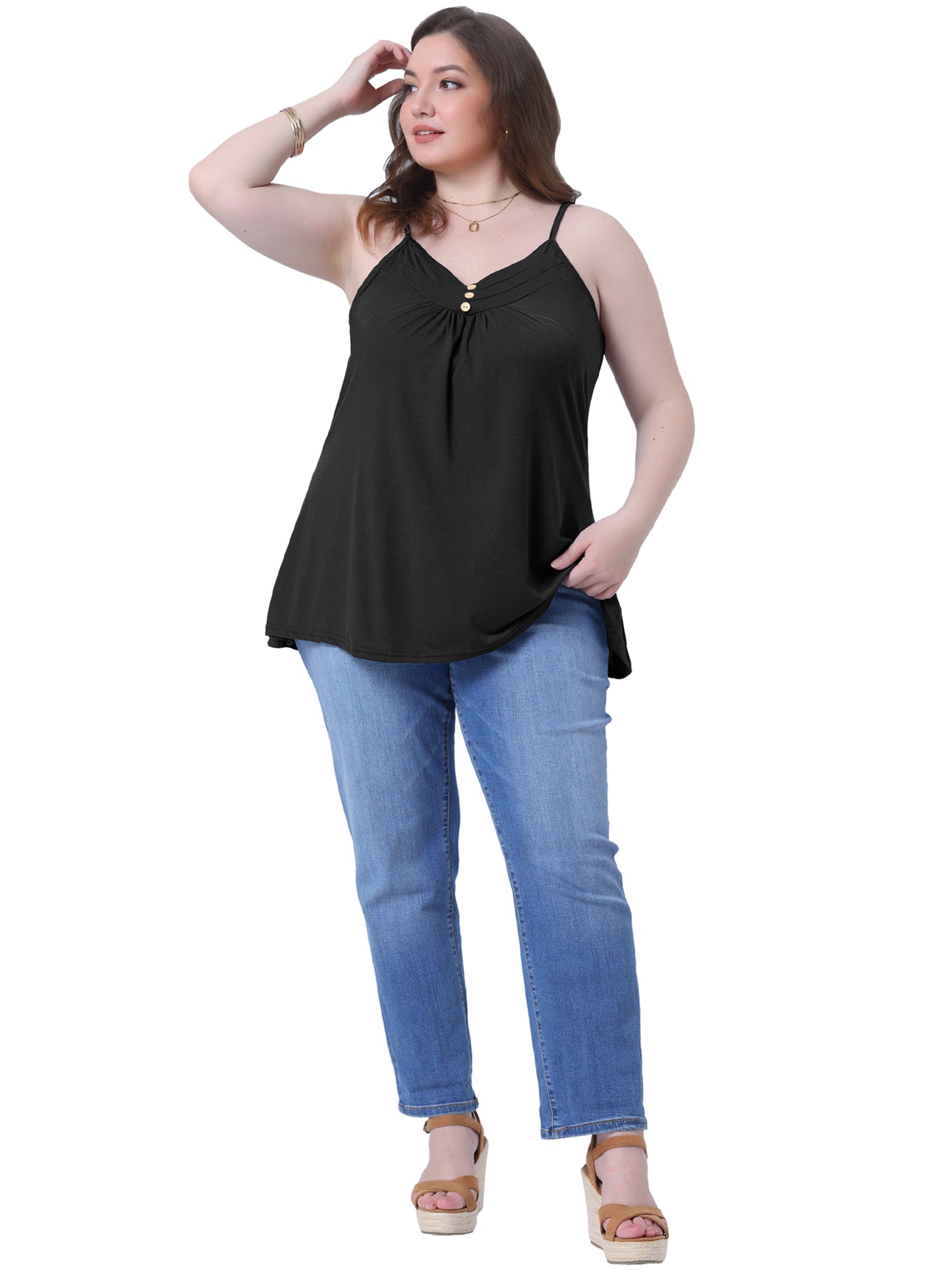 Women's Plus Size Summer Casual Tank Tops Button V Neck Pleated Camisoles Cami Top