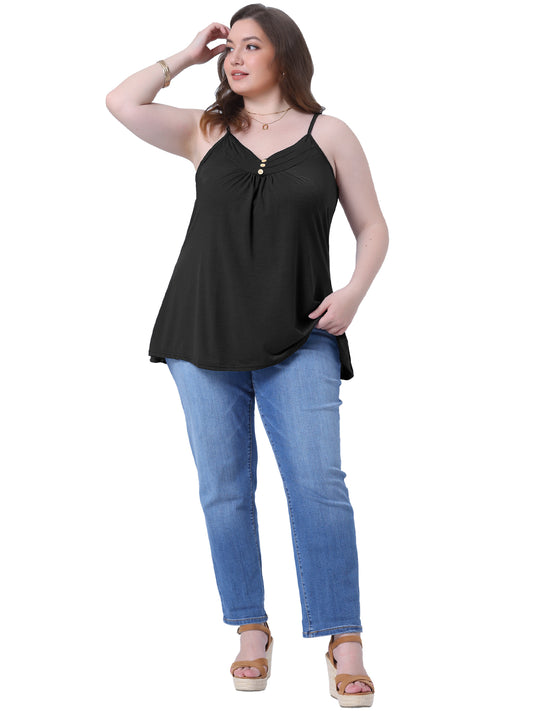 Women's Plus Size Summer Casual Tank Tops Button V Neck Pleated Camisoles Cami Top