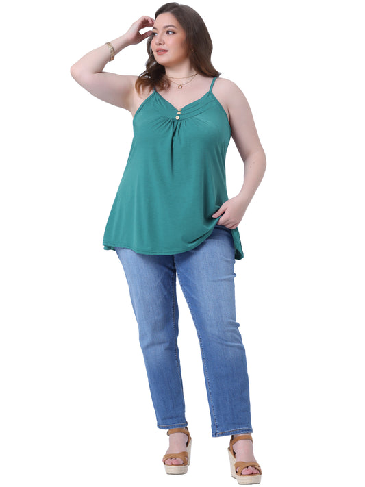 Women's Plus Size Summer Casual Tank Tops Button V Neck Pleated Camisoles Cami Top