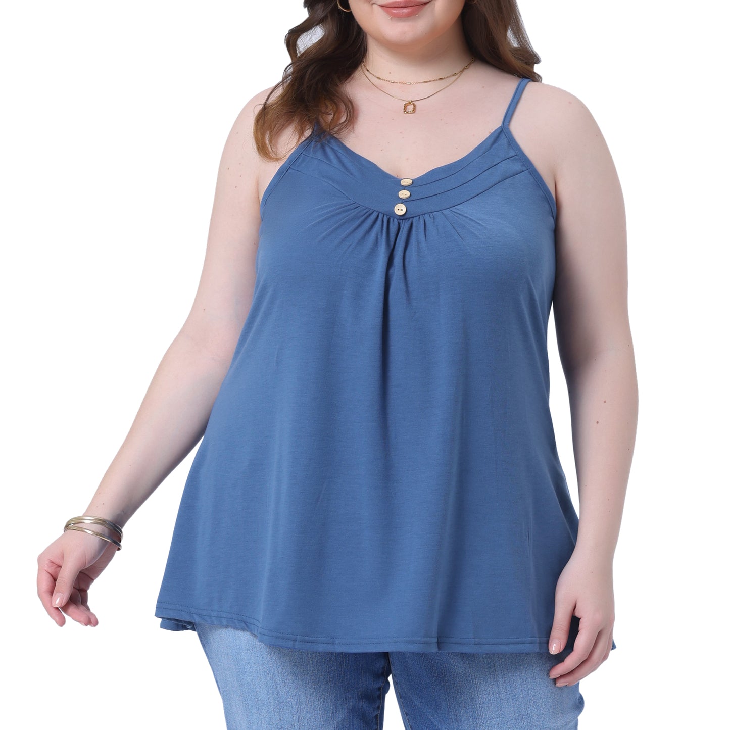 Women's Plus Size Summer Casual Tank Tops Button V Neck Pleated Camisoles Cami Top