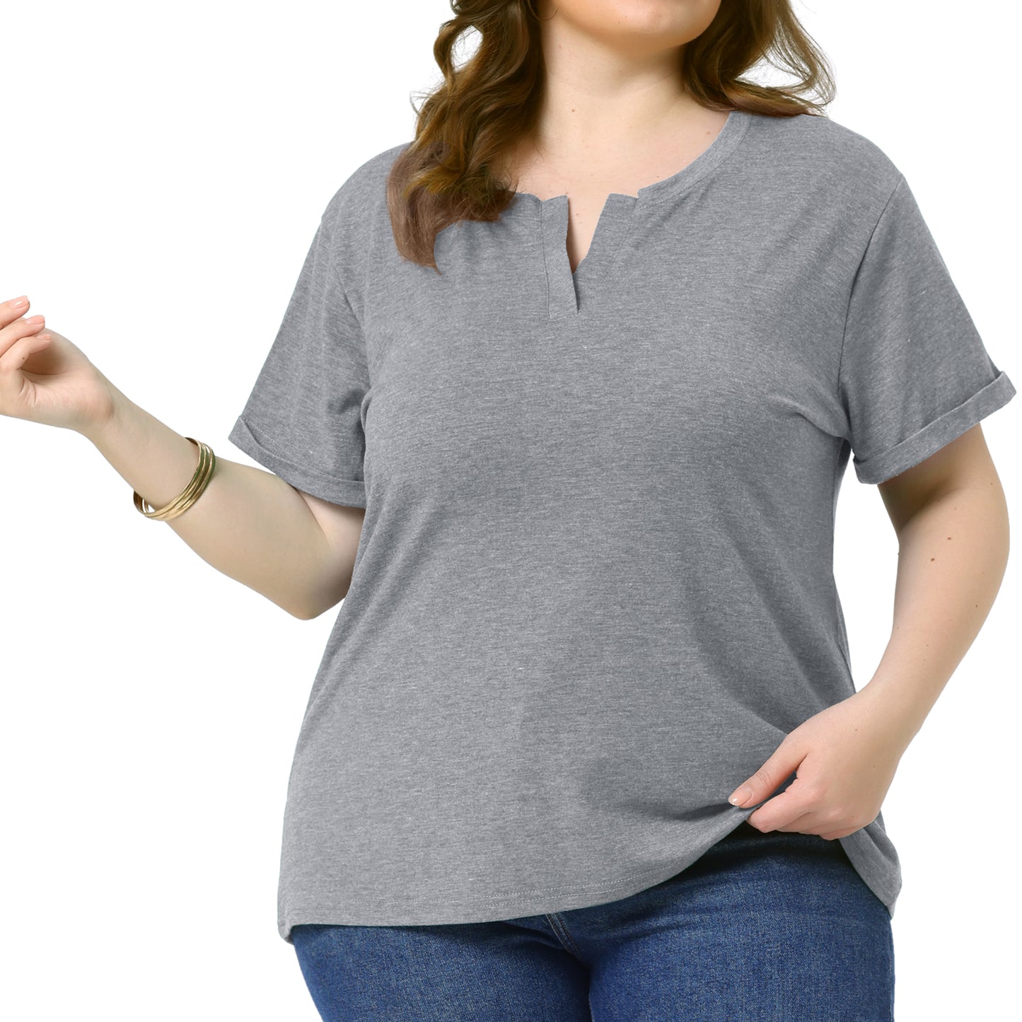 Women Plus Size T-Shirt Short Sleeve Notched V Neck Lightweight Casual Summer Tees Top