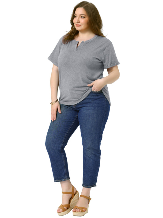 Camiseta de talla grande para mujer, de manga corta, con cuello en V y muescas, ligera, informal, de verano