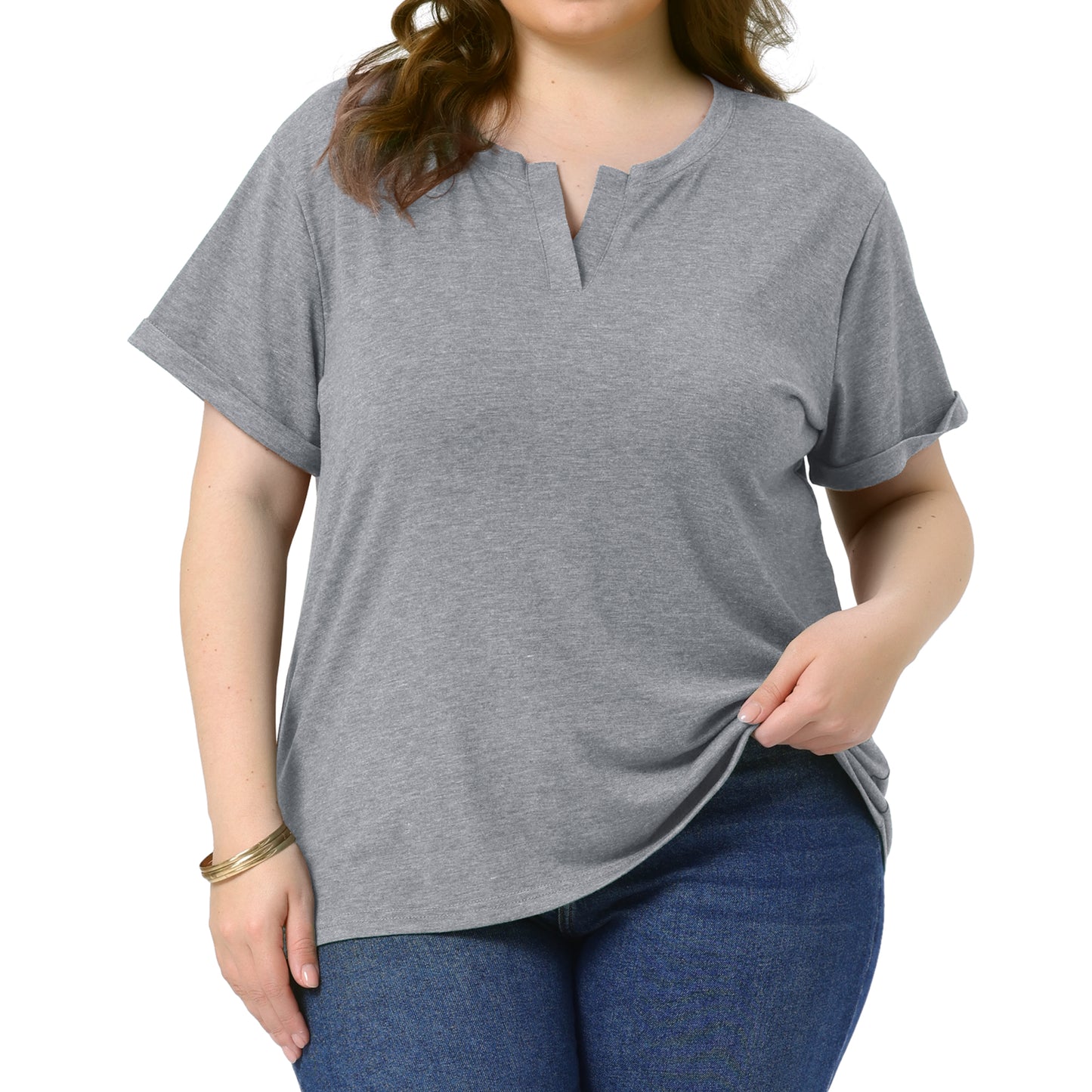 Women Plus Size T-Shirt Short Sleeve Notched V Neck Lightweight Casual Summer Tees Top