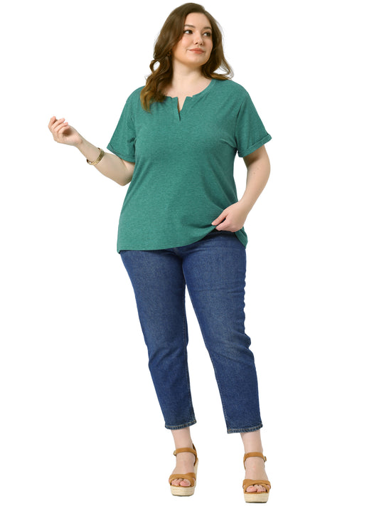 Women Plus Size T-Shirt Short Sleeve Notched V Neck Lightweight Casual Summer Tees Top