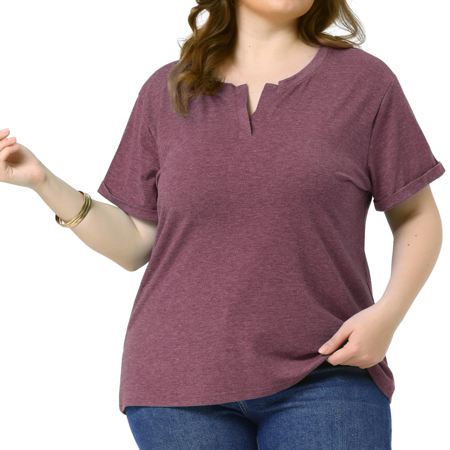 Women Plus Size T-Shirt Short Sleeve Notched V Neck Lightweight Casual Summer Tees Top