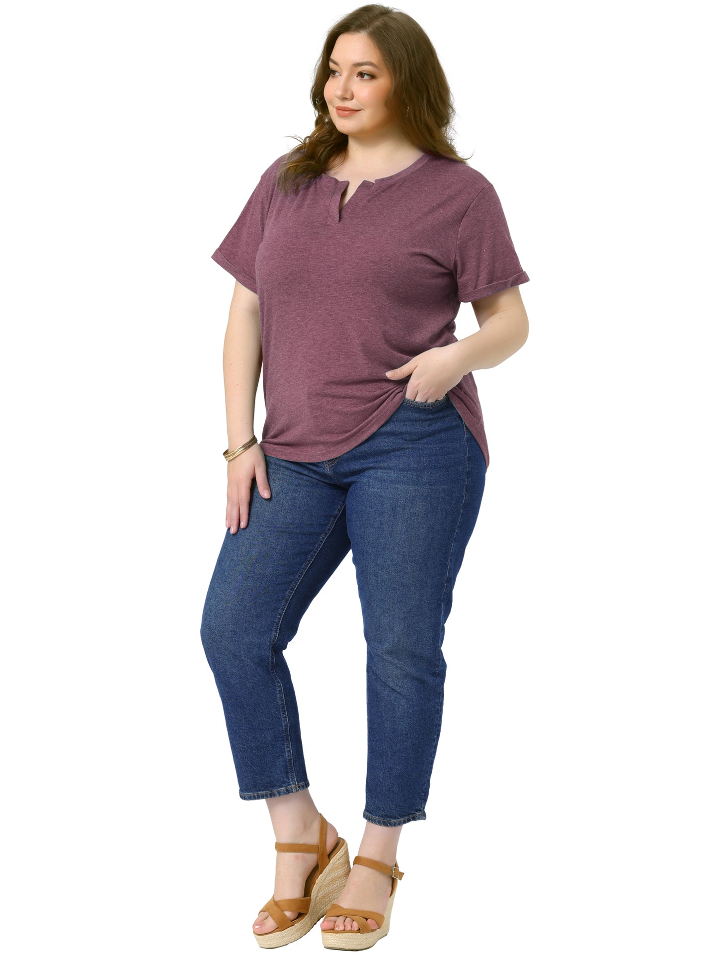 Women Plus Size T-Shirt Short Sleeve Notched V Neck Lightweight Casual Summer Tees Top