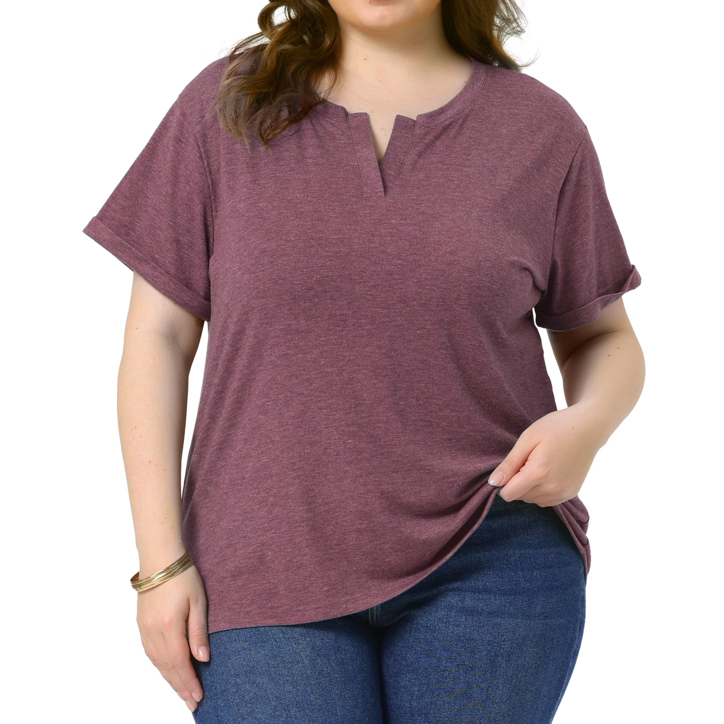 Women Plus Size T-Shirt Short Sleeve Notched V Neck Lightweight Casual Summer Tees Top