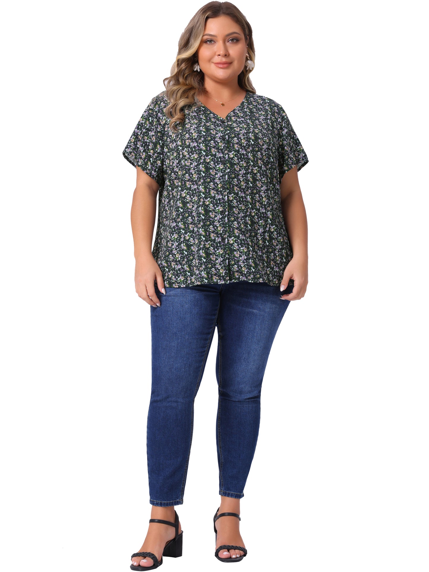 Women Plus Size Blouses V Neck Button Short Sleeve Floral Shirt Top