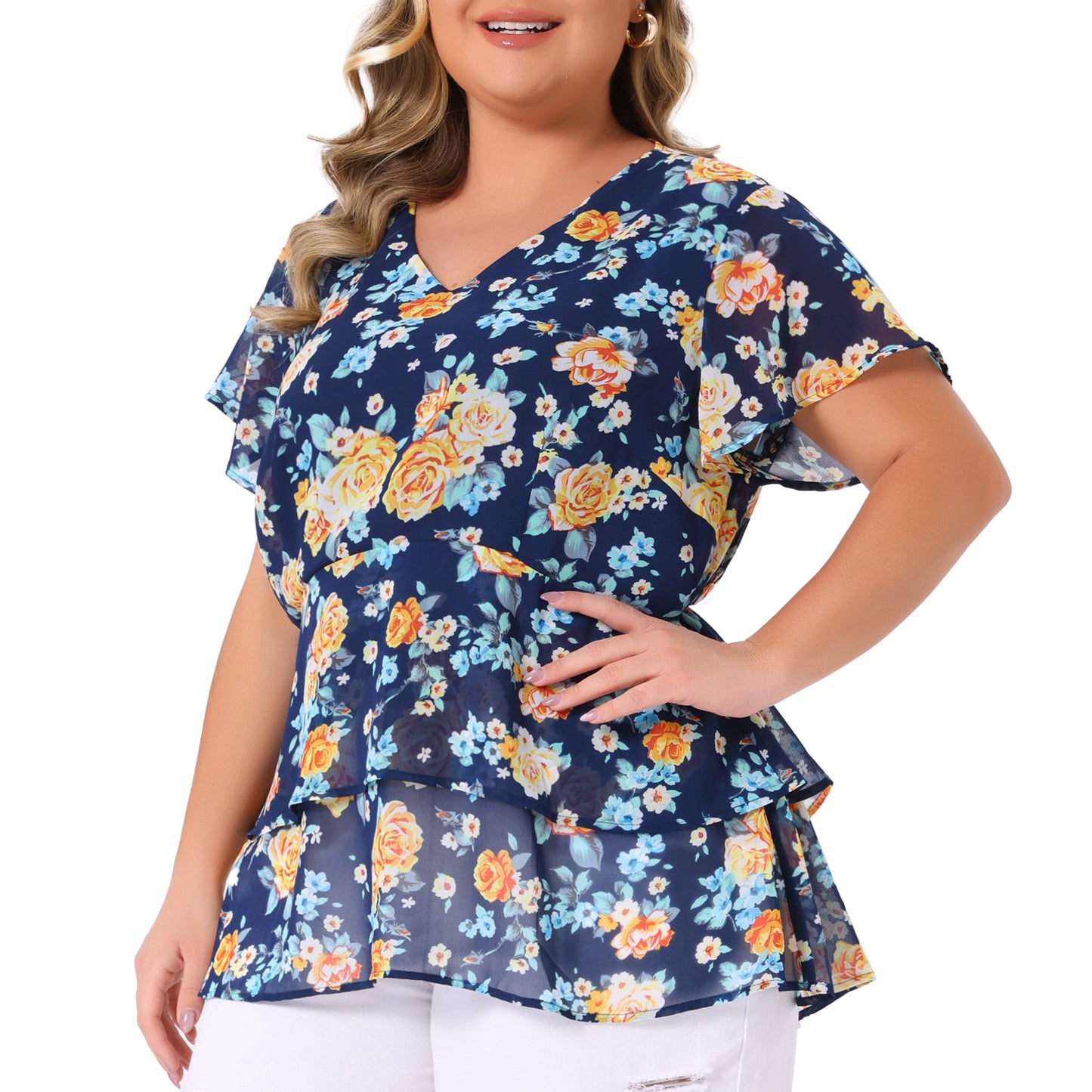 Women Plus Size Summe Tops V Neck Short Sleeve layered Floral Blouse