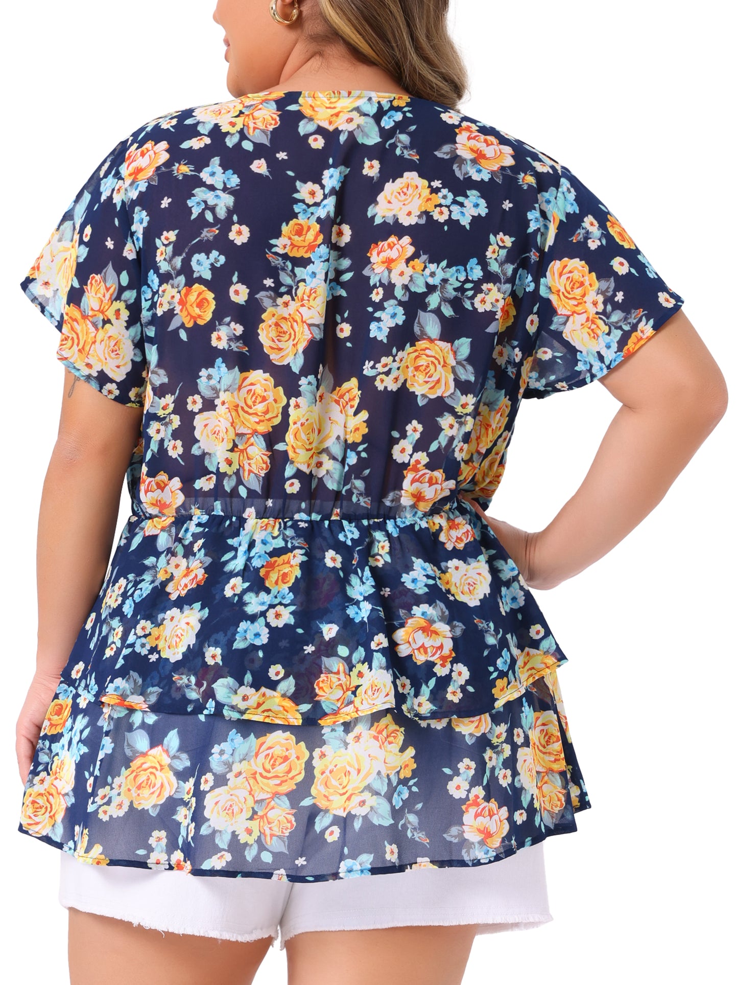 Women Plus Size Summe Tops V Neck Short Sleeve layered Floral Blouse