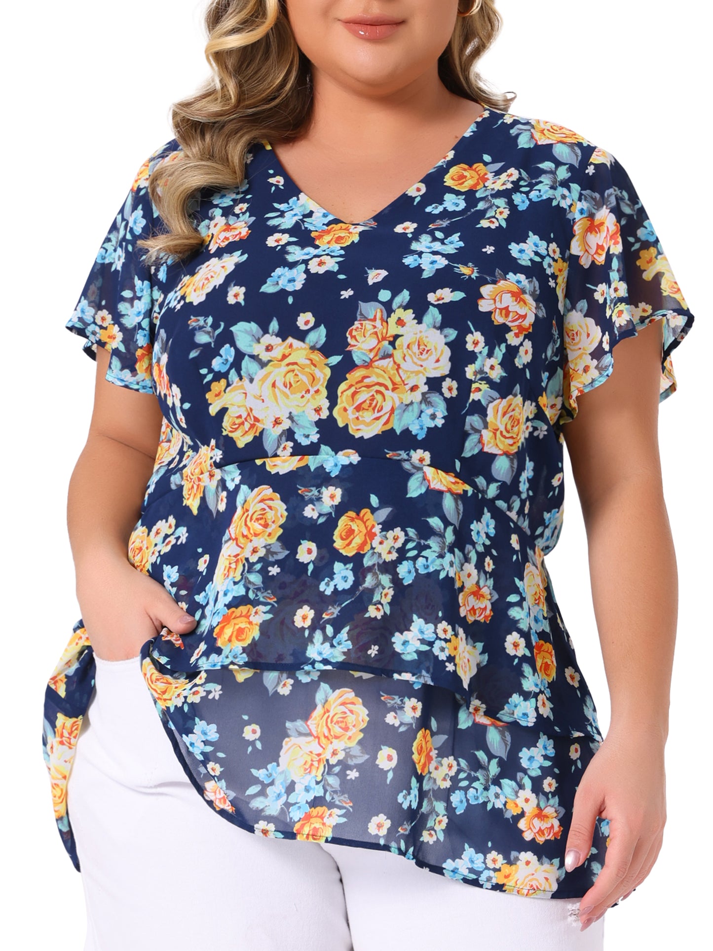 Women Plus Size Summe Tops V Neck Short Sleeve layered Floral Blouse