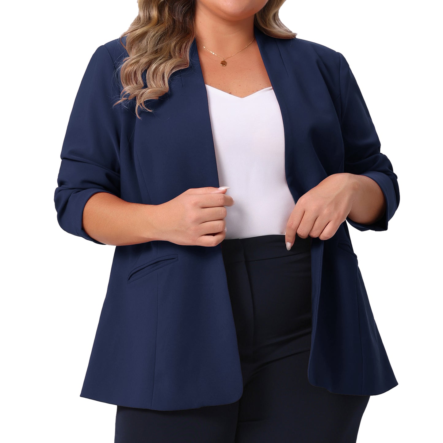 Women's Plus Size Business Casual Collarless Open Front Long Sleeve Work Office Blazer Jacket with Pockets