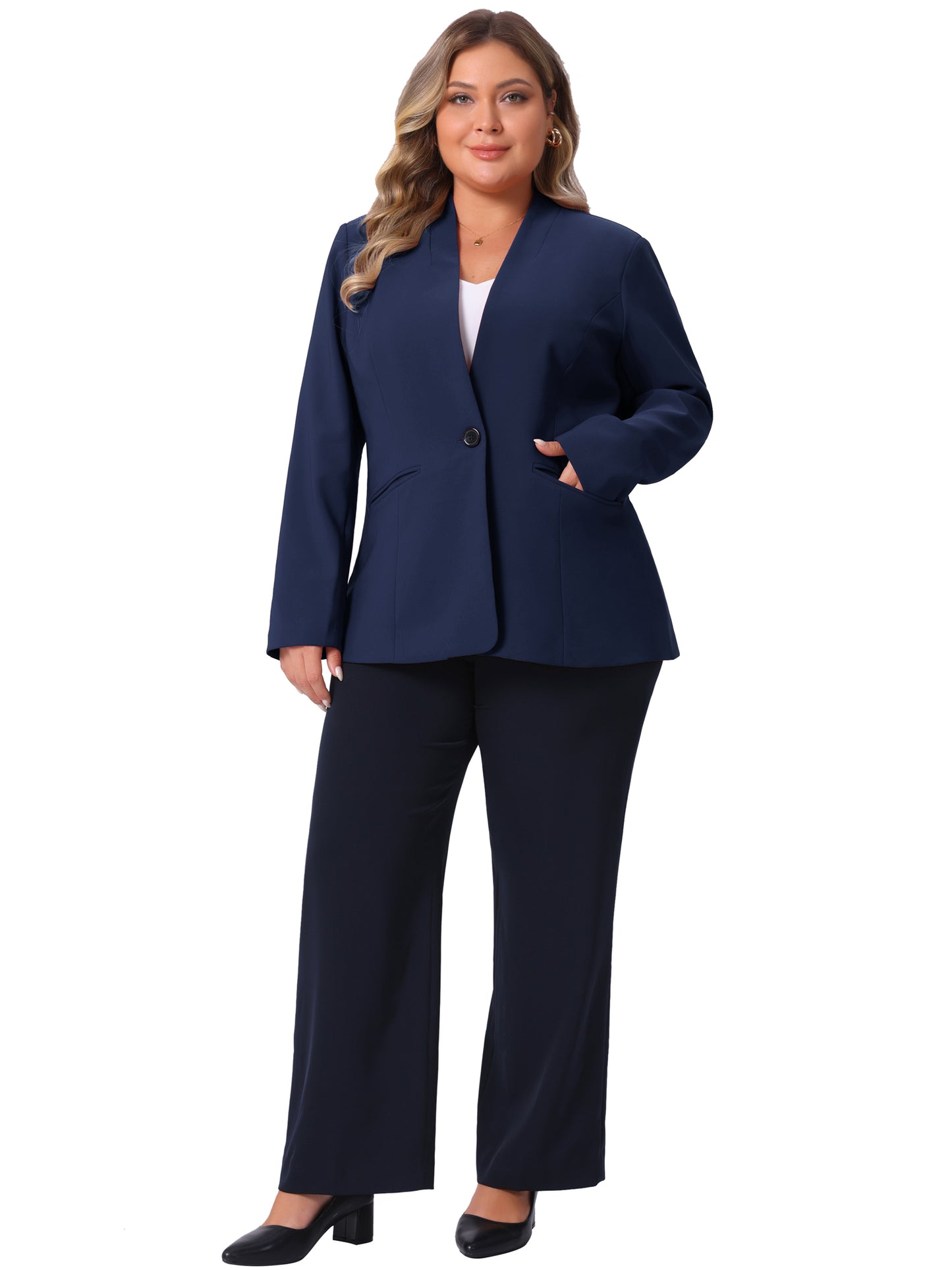 Women's Plus Size Business Casual Collarless Open Front Long Sleeve Work Office Blazer Jacket with Pockets