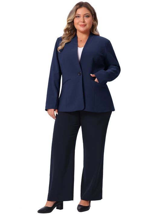 Chaqueta de trabajo informal de negocios para mujer, de talla grande, sin cuello, con abertura frontal, de manga larga y bolsillos