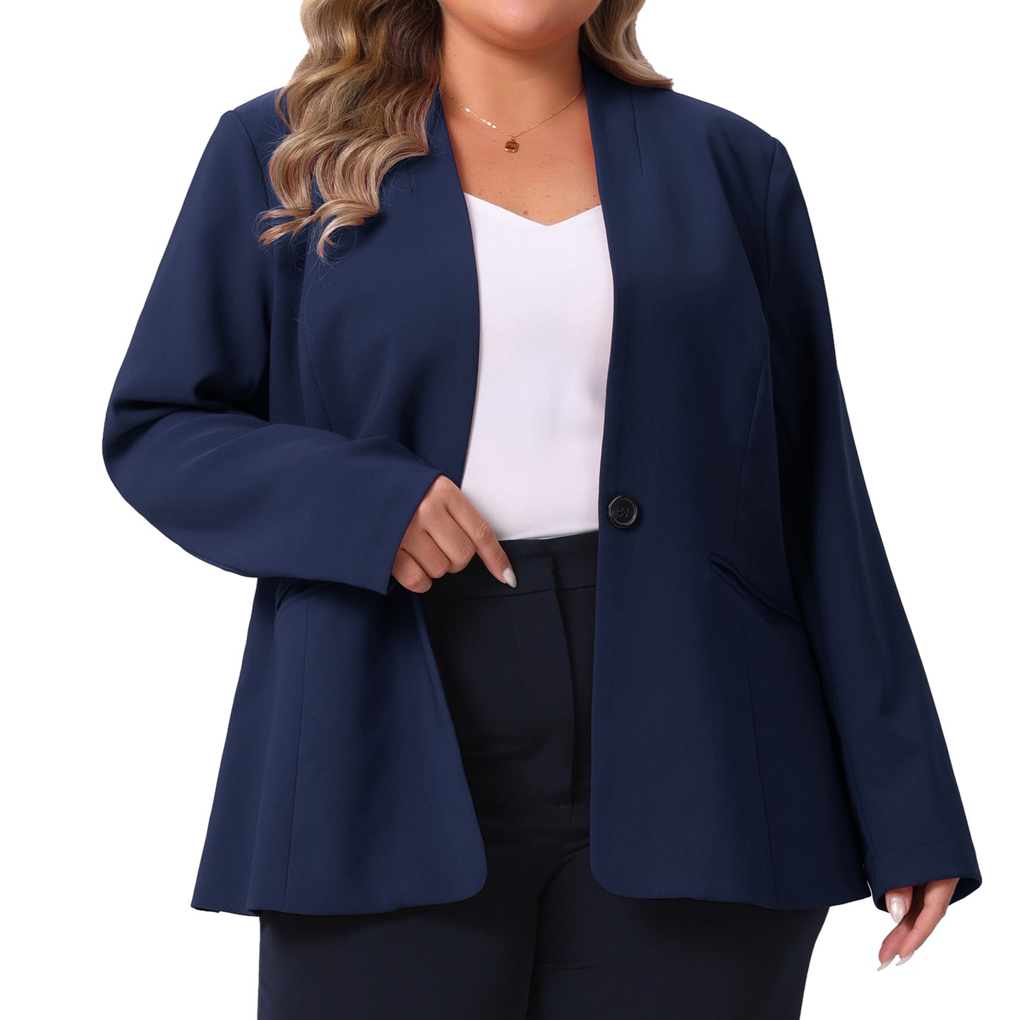 Women's Plus Size Business Casual Collarless Open Front Long Sleeve Work Office Blazer Jacket with Pockets